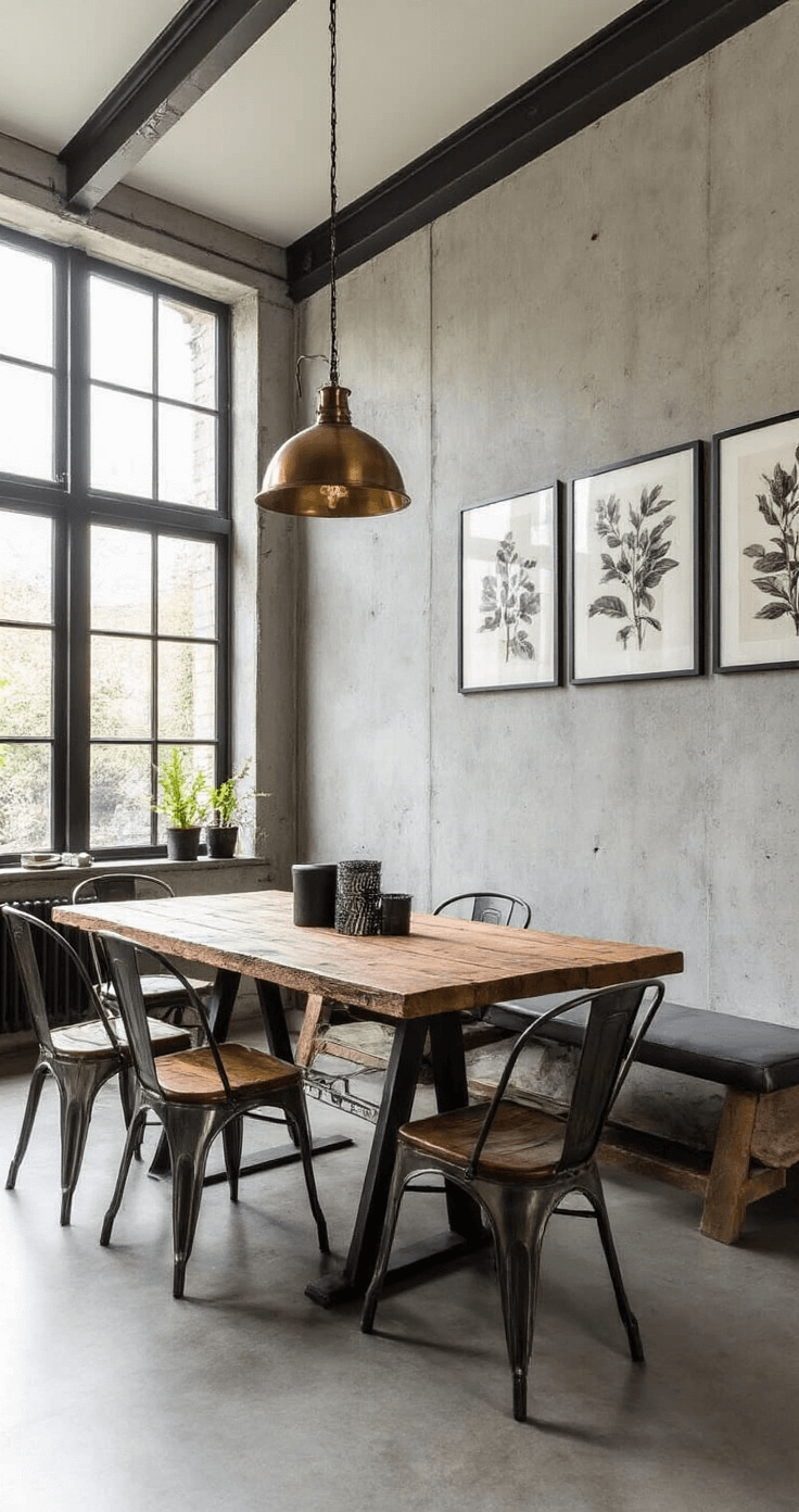 Moderne eetkamer met industriële elementen, robuuste houten tafel met zwarte poten, klassieke Gispen stoelen, messing hanglamp, botanische prints aan een betonlook muur, en een kleurenpalet van grijs, zwart en warmbruin, verlicht door namiddaglicht.