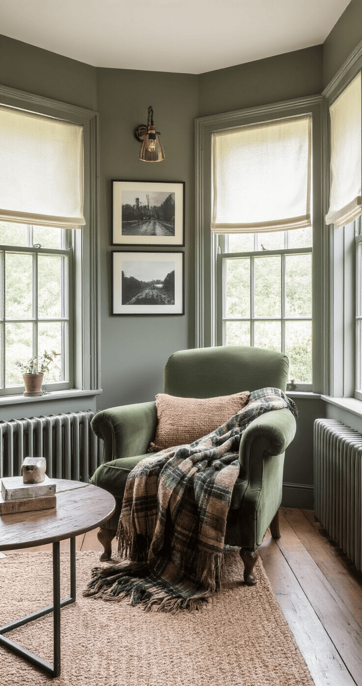 Intieme leeshoek in erker met vintage fauteuil in diepgroen velours, handgeweven wollen plaid, dimbare messing vloerlamp en een gallery wall met zwart-wit foto's, alles in schemerlicht.