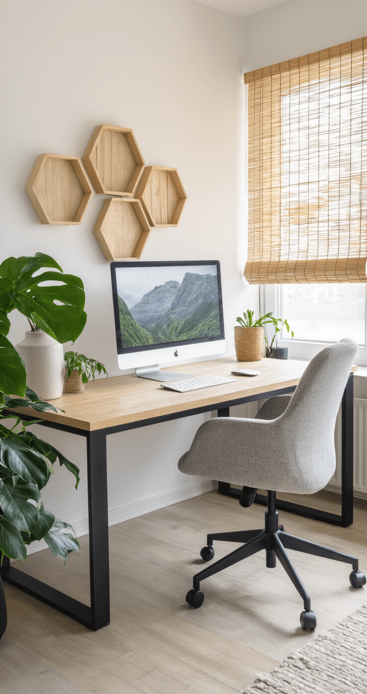 Minimalistisch thuiskantoor van 4x3 meter met een zwevend eiken bureau, zwarte stalen frame, lichte ergonomische stoel en botanische accenten. Middaglicht valt door bamboe jaloeziën op de geometrische houtwanddecoratie. Kleurenpalet van wit, hout en zwart creëert een productieve, kalme werksfeer.