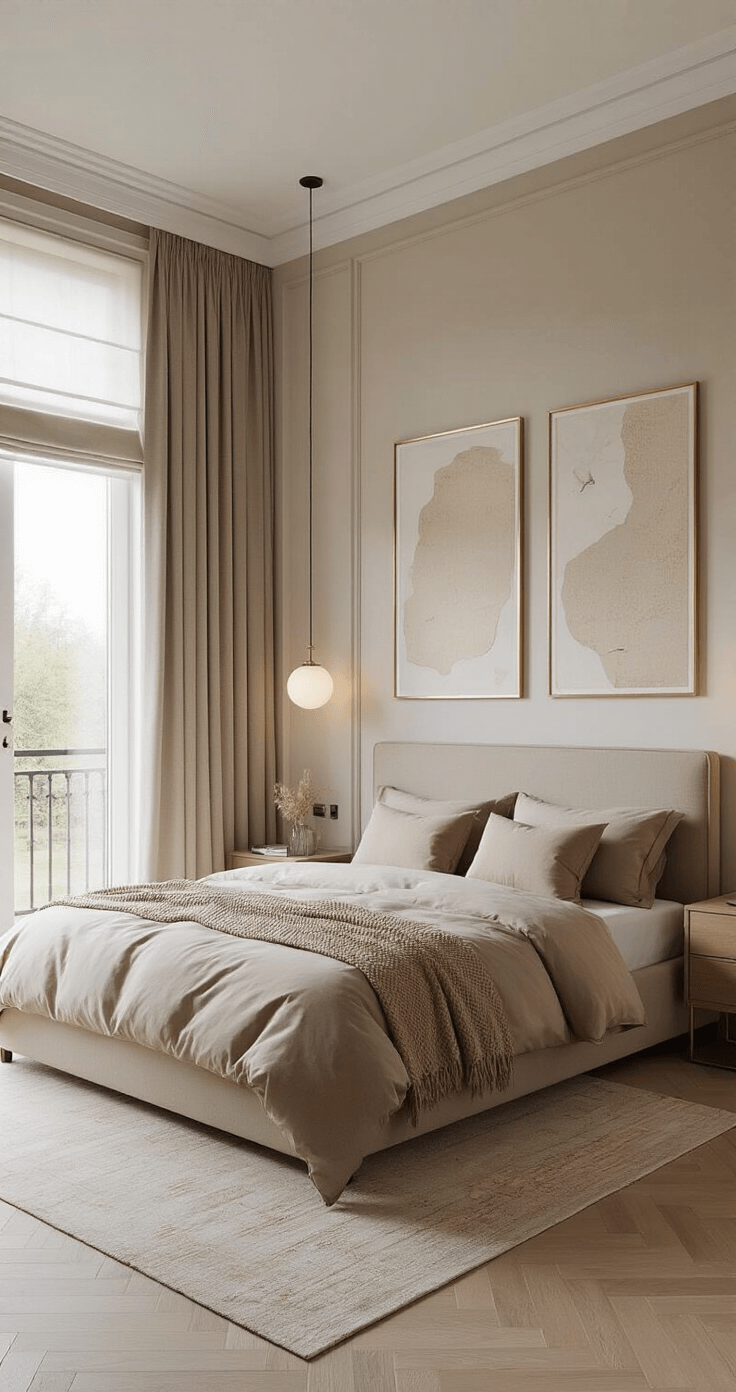 Luxe slaapkamer met ensuite, kingsize bed in zandtinten en fluwelen hoofdbord, zacht ochtendlicht en serene sfeer.