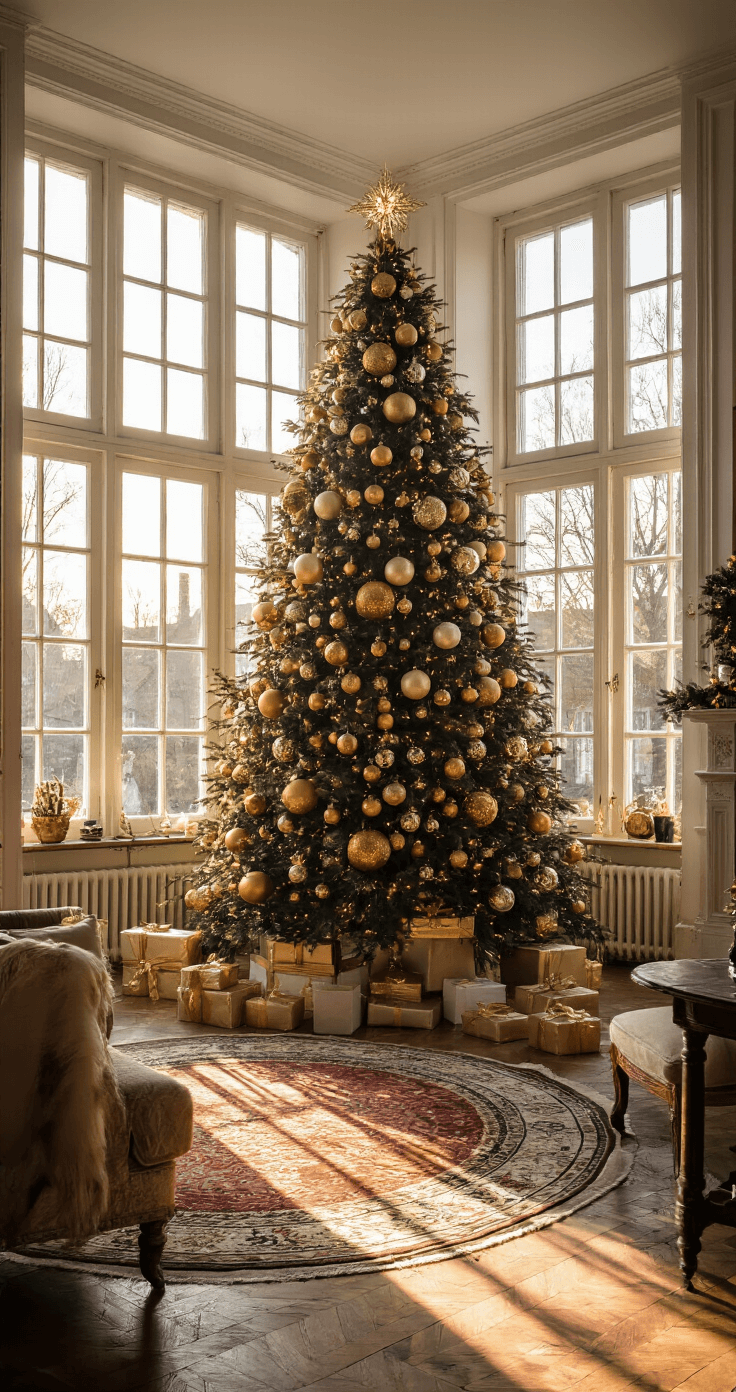 Een ruime woonkamer met hoge ramen, verlicht door warm strijklicht tijdens golden hour. In het midden staat een enorme kerstboom versierd met grote kristallen en gouden kerstballen. De antieke parketvloer en het Perzisch tapijt completeren het decor.