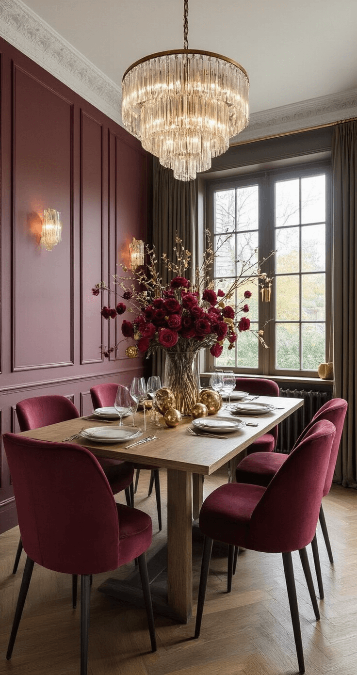Stijlvolle eetkamer met verhoogd plafond, massieve eiken tafel gedecoreerd met bordeauxrode rozen en vergulde takken, gefotografeerd bij schemering met een kristallen kroonluchter en glanzende kerstballen, zicht vanuit vogelperspectief op 45 graden in burgundy, goud en diepgroen.