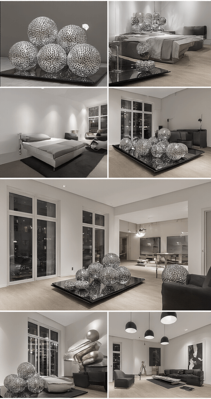 Moderne appartement met glazen pui tijdens blauwe uurtje, zwevend plateau met oversized metallic kerstballen in koper, chroom en mat zwart, gefotografeerd op ooghoogte met dramatische schaduwen en Rule of Thirds compositie.