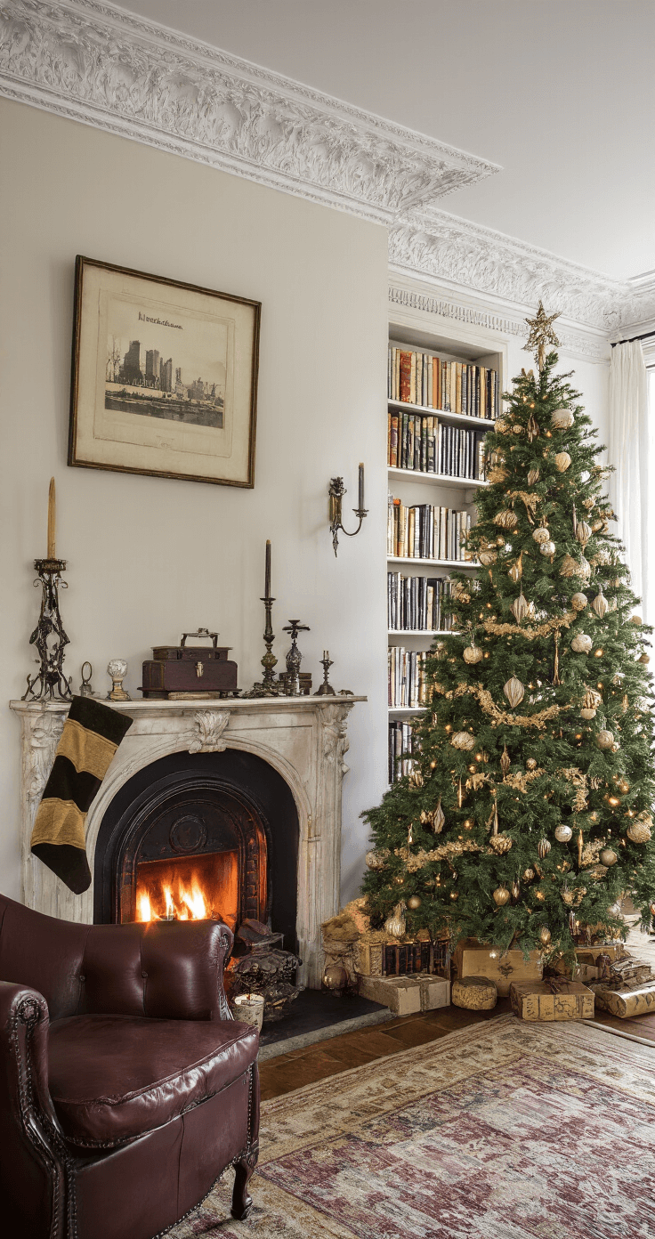 Een vintage herenkamer met boekenwanden, sfeervol verlicht door de avond, bevat een metershoge kerstboom versierd met luxe fluwelen linten en antieke XXL ornamenten. Klassieke lederen fauteuils omringen een brandende open haard, met een hoekshot die de haard in beeld brengt. Het kleurenpalet bestaat uit British racing green, bordeaux en verouderd goud met dramatische schaduwwerking.