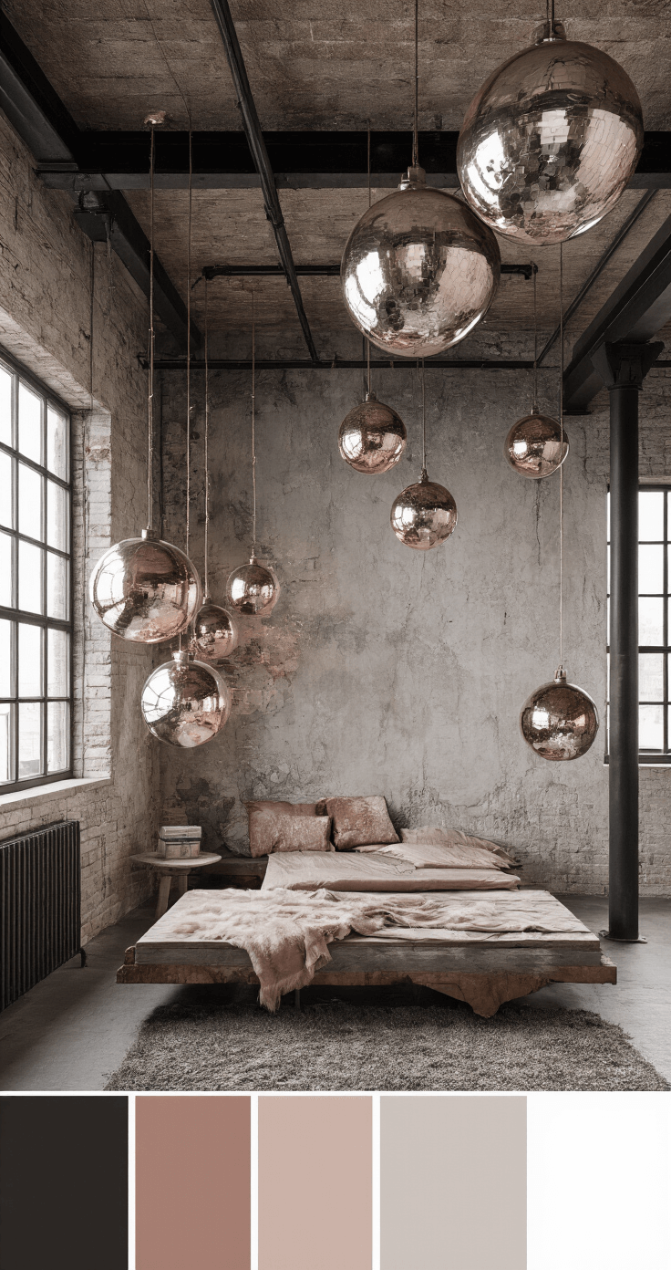 Een loft-achtige ruimte met industriële elementen, inclusief een zwevende installatie van gemengde mega-kerstballen in roségoud, mat zwart en metallic grijs, tegen betonnen muren met glamoureuze decoratie, gefotografeerd vanuit kikvorsperspectief met natuurlijk licht en reflectieschermen.