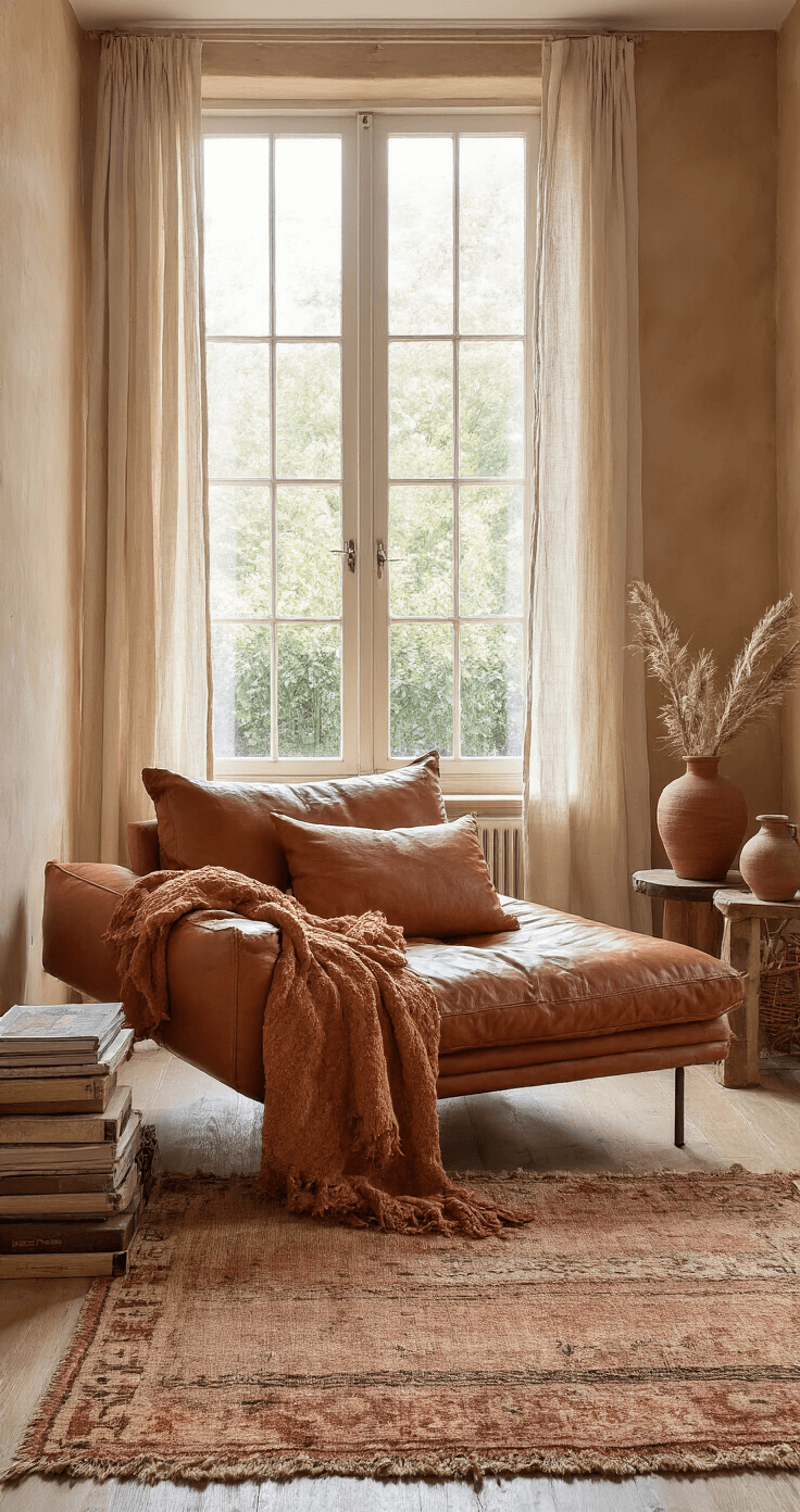 Ruime woonkamer met hoge ramen, zachte lichtinval, cognac leren loungestoel, terracotta muren, handgeknoopt Berbers tapijt, vintage koffers als bijzettafel en handgemaakte keramische vazen.