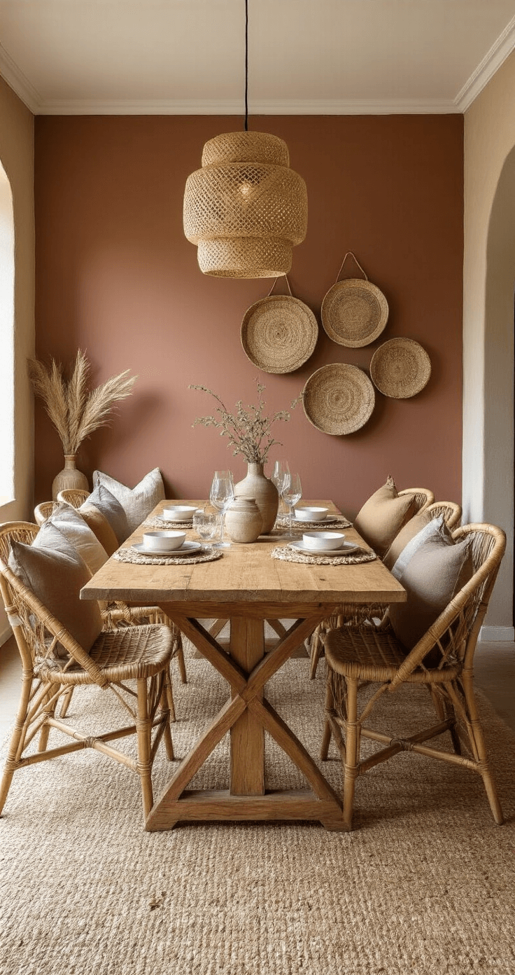 Intieme eethoek met teakhouten tafel en rotan stoelen, verlicht door een Marokkaanse hanglamp, tegen een chocoladebruine muur. Handgeweven manden en etnisch servies op een sisal tafelkleed zorgen voor een gezellige, authentieke sfeer tijdens het gouden uurtje.
