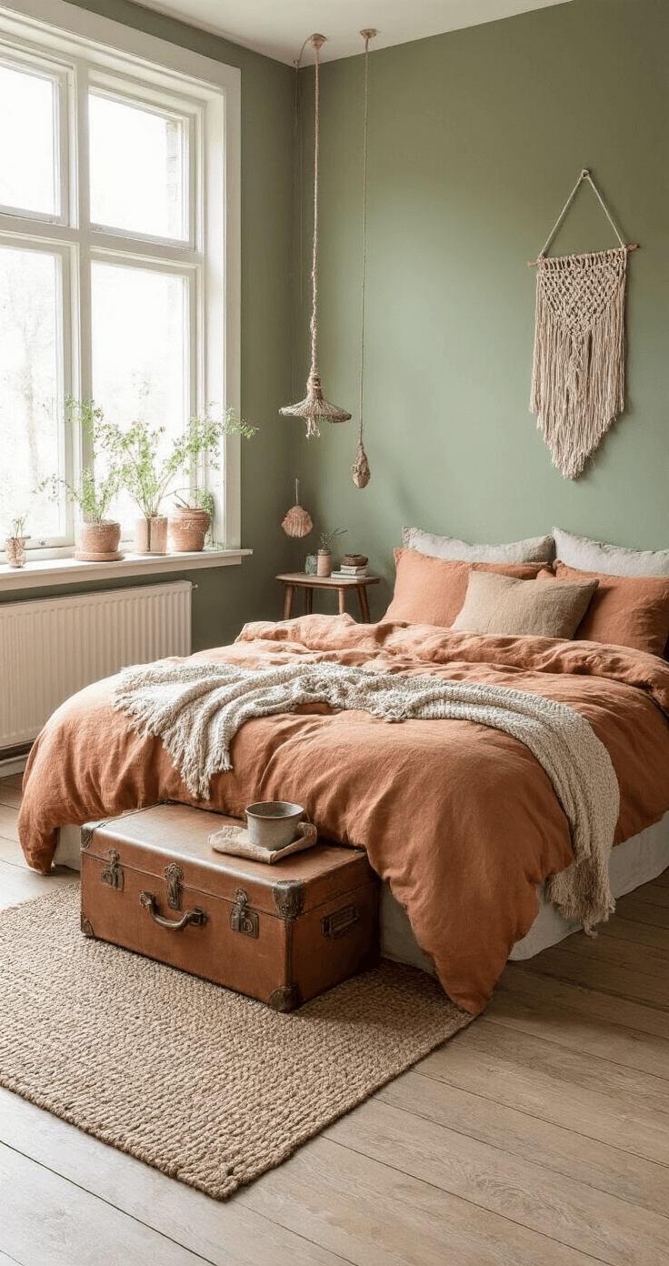 Slaapkamer met verweerd houten hoofdbord tegen een mosgroene muur, gelaagd bedding in caramel, terracotta en taupe linnen, een handgeknoopte macramé wandhanger boven het bed, een vintage koffer als nachtkastje met keramieken tafellamp en een jute vloerkleed; vastgelegd in natuurlijk ochtendlicht vanuit het voeteneind.