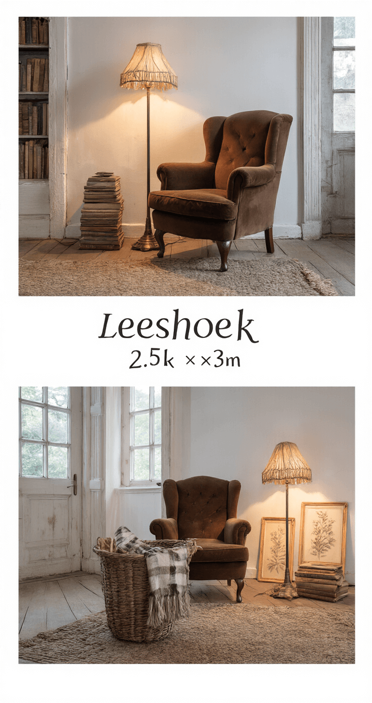Intieme close-up van een gezellige leeshoek bij zonsondergang, met een diepe chocoladebruine fauteuil, een staande koperen lamp, gestapelde oude boeken op een robuuste houten kruk, een handgeweven wandtapijt in okertinten, een gevlochten mand met plaids, en botanische prints in vintage lijsten, alles verlicht door warm avondlicht en kaarsen.