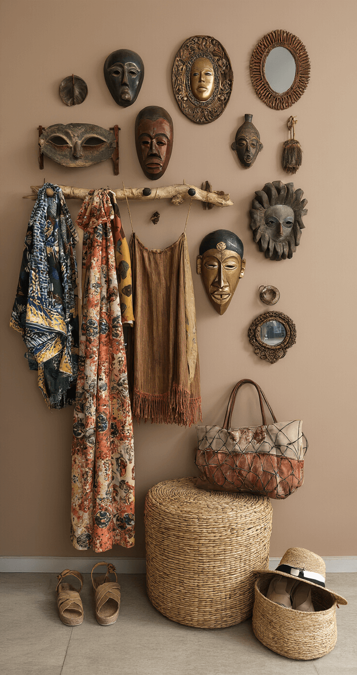 Een uitnodigende hal met een lange loper in etnische prints, antieke kapstok, wereldse maskers op een taupe muur, een rotan mand voor schoenen en vintage spiegels in verschillende formaten, verlicht door indirect natuurlijk licht.