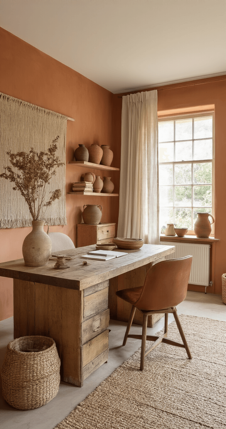 Een thuiskantoor in ochtendschemering met een robuust houten bureau bij een raam met linnen gordijnen, een vintage leren bureaustoel, en een handgeweven wandkleed in aardetinten. Op floating shelves staat een verzameling keramiek, tegen terracotta muren, verlicht door zacht ochtendlicht. De sfeer is inspirerend en warm.