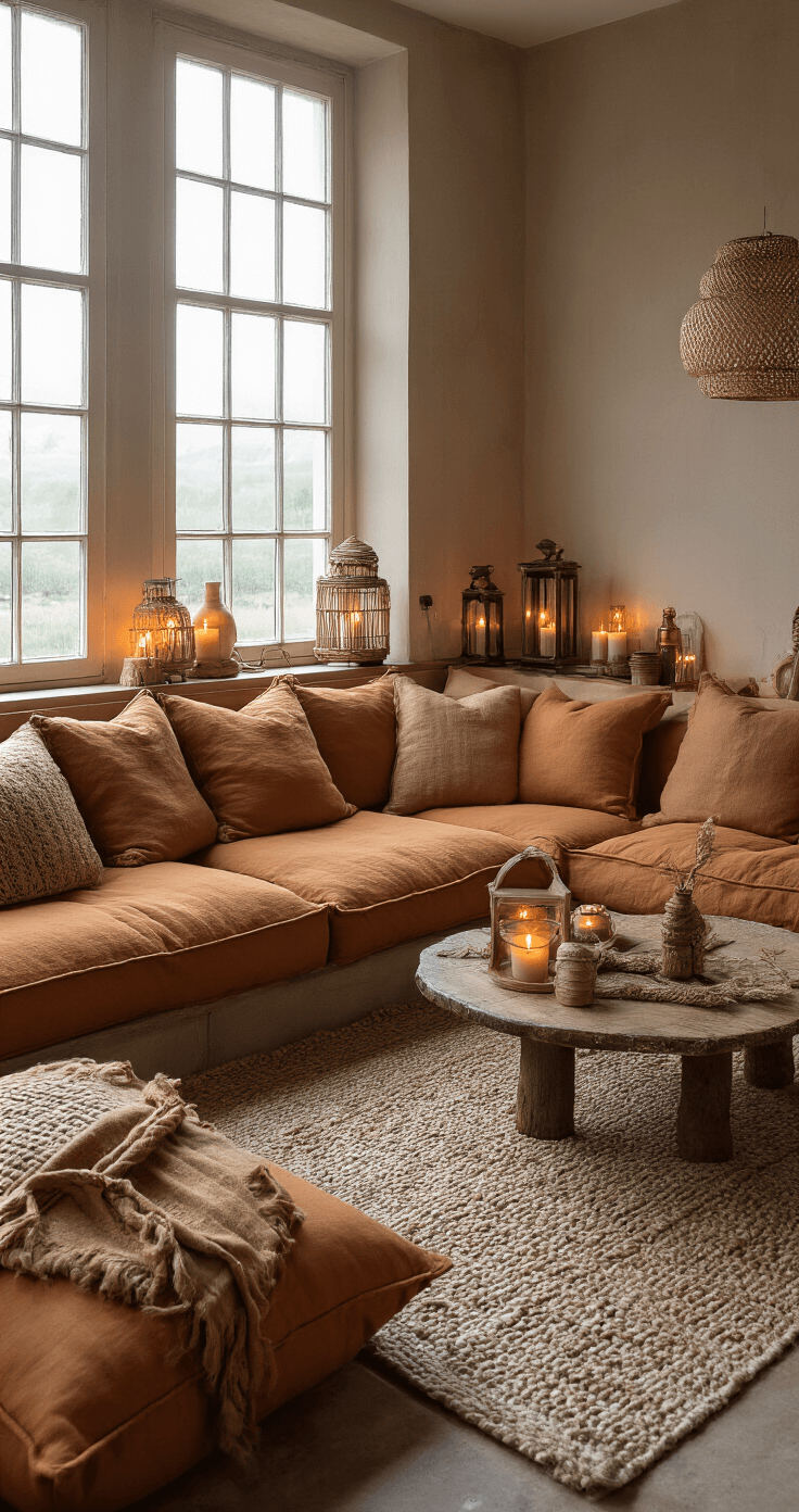 Intieme loungehoek bij kaarslicht met een lage caramelkleurige linnen sofa omringd door aardetinten kussens, een Marokkaanse salontafel met een koperen dienblad, lantaarns en kaarsen, en een handgeknoopt tapijt, alles in een magische sfeer.