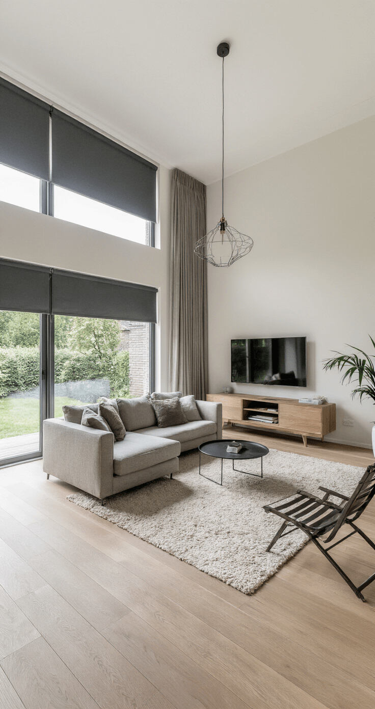 Een moderne woonkamer met grote schuifpui en antracietgrijze plissé hordeur. Middaglicht valt schuin naar binnen, met een half open hordeur die een spel van licht en schaduw creëert. Scandinavisch interieur met licht eiken vloer, crèmewitte muren en minimalistisch meubilair, gefotografeerd vanuit ooghoogte in een luchtige en serene sfeer.