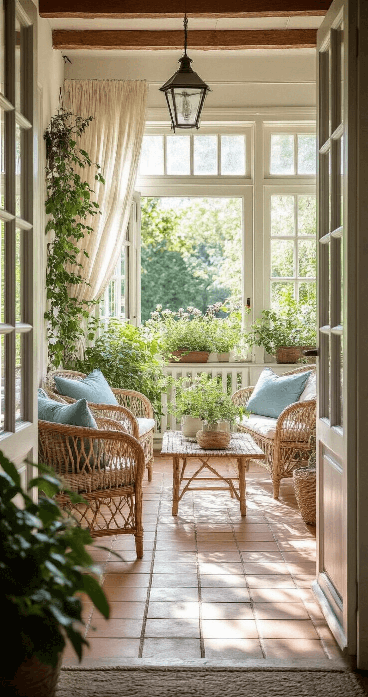 Klassieke veranda met witte hordeur en terracotta tegelvloer, rieten stoelen met pastelblauwe kussens en klimplanten, gefilterd ochtendzonlicht creëert zachte patronen.