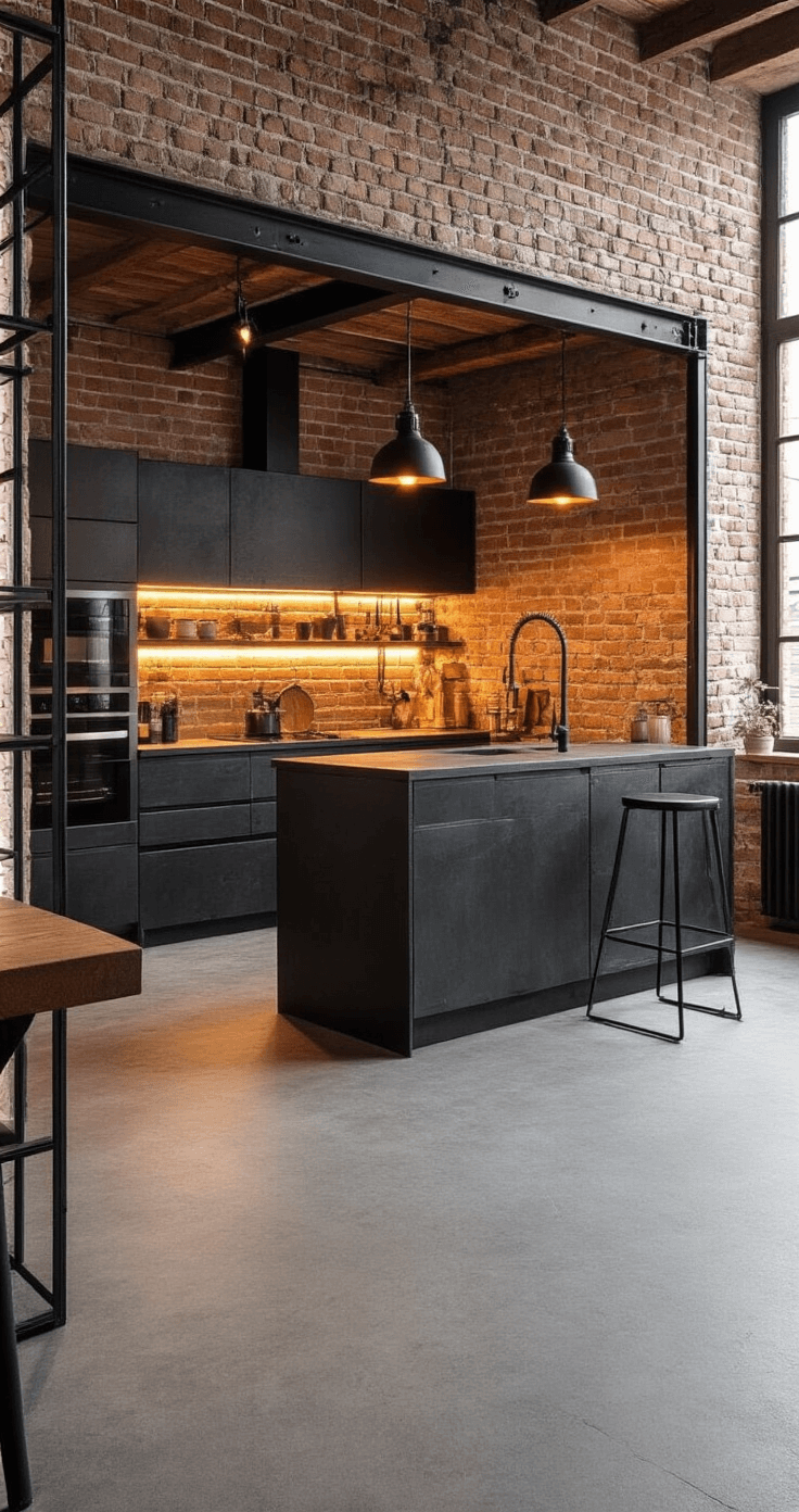 Industriële loft keuken met zwarte rolhordeur in stalen kozijn, avondlicht en warme LED-spots, betonnen vloer, bakstenen muur, en zwart stalen keukeneiland, gefotografeerd vanuit laag standpunt.