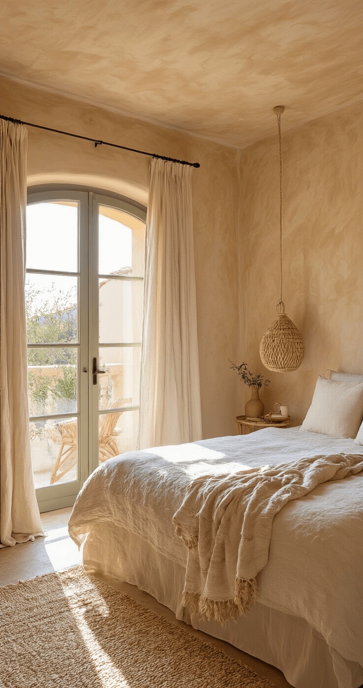 Mediterrane slaapkamer met crèmekleurige plissé hordeur voor Franse deuren, terracotta muren en natuurlijk linnen bedtextiel, gefotografeerd vanuit bed met warm, uitnodigend licht tijdens het gouden uur.