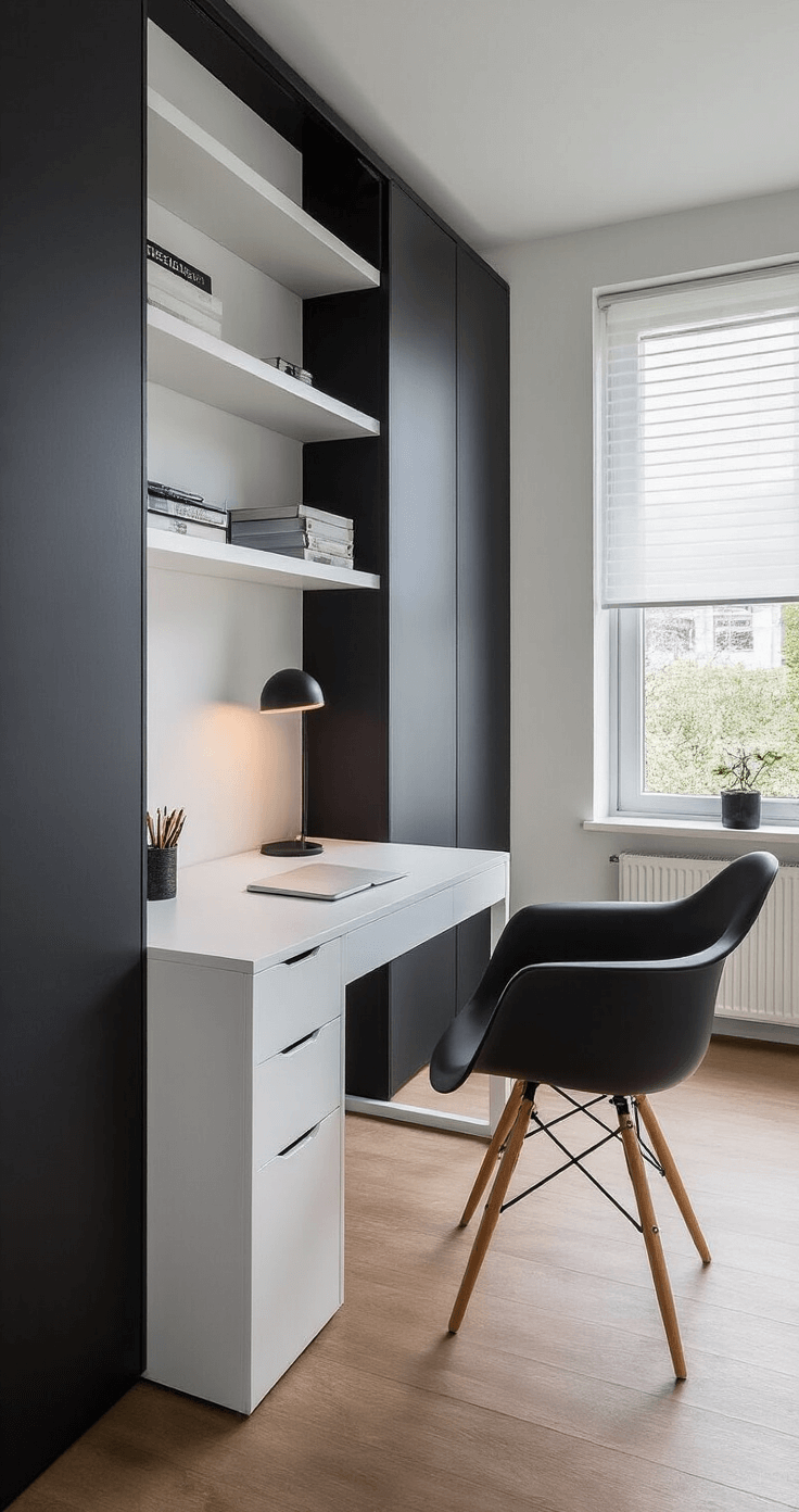 Moderne studeerkamer met antraciet schuifhordeur, ochtendlicht door vitrage, wit bureau en zwarte designstoel, minimalistisch en strak ingericht.