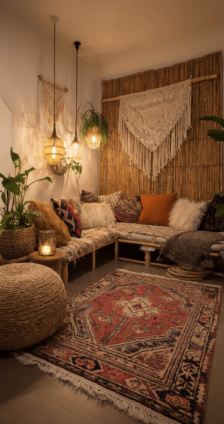 Bohemian loungehoek met bamboe rolhordeur, sfeervolle schemering, kaarslicht, vloerlampen, kleurrijk Perzisch tapijt, lage zitkussens en macramé wanddecoratie, gezien vanuit een zittend perspectief in een gezellige, eclectische sfeer.
