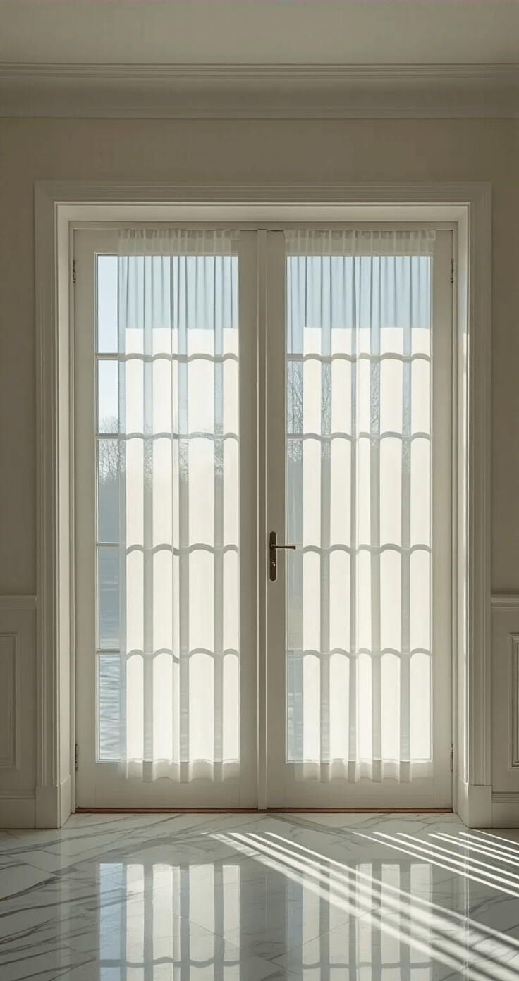Strakke hal van 2x5 meter met dubbele plissé hordeuren in een wit kozijn, verlicht door middaglicht dat door glazen deurpanelen valt. De marmeren vloer, minimalistische kapstok en grote spiegel dragen bij aan een ruimtelijke en elegante sfeer.