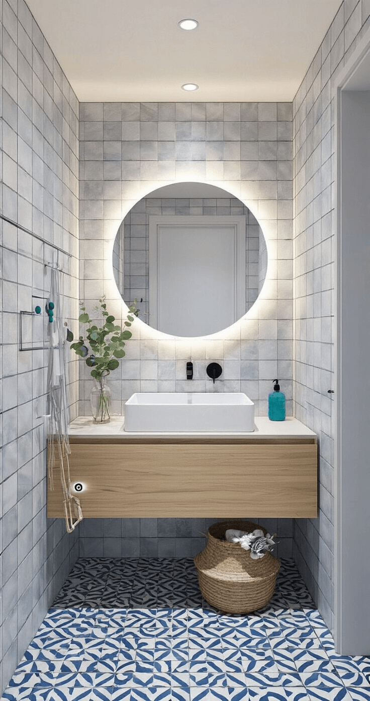 Moderne badkamer van 2.5x3m met indirect ochtendlicht, geometrische tegelstickers in marineblauw/wit boven een zwevende wastafel, matzwarte kraan, bamboe plank met aromageurkaarsen en eucalyptustak, ronde spiegel met LED-verlichting, gefotografeerd op ooghoogte vanuit een hoek van 45 graden met accent op spiegelreflectie.