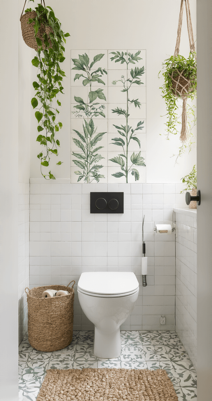 Toiletruimte met witte tegels en saliegroene botanische tegelstickers, zwevend toilet met matzwarte spoelknop, bamboe toiletrolhouder en een gevlochten mand met reserverollen, omlijst door hangplanten in macramé, vastgelegd in middaglicht vanuit de deurpost met een diagonale compositie en zachte focus op plantdetails.