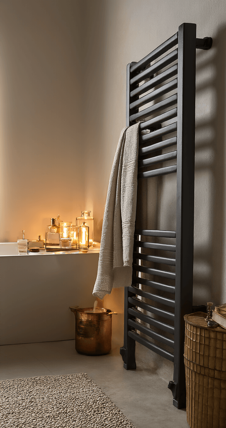 Badkamerhoek in avondschemering met een antraciet design radiator en linnen handdoeken. Een vintage apothekerskast gevuld met parfumflesjes, omringd door glanzende koperen accessoires die stralen in warm LED-licht. Close-up met focus op texturen.