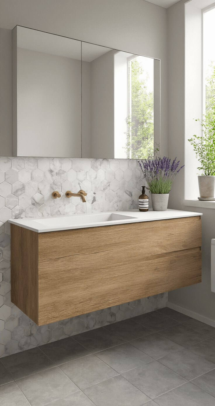 Wastafelmeubel in ochtendlicht met betonlook wastafel op eikenhouten onderkast, marmerlook tegelstickers als spatwand, messing kraan en zeeppompje, en een groep keramische potten met lavendel, in een symmetrische compositie met vensterreflectie.