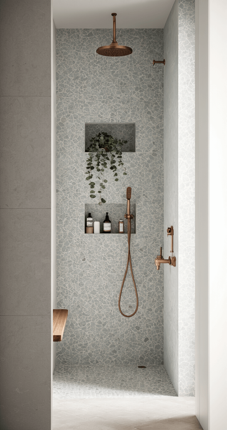 Douche-nis in middaglicht met terrazzo-look tegelstickers, een koperen doucheset met handdouche en een ingebouwde nis met een teak plankje vol eco-doucheproducten. Een eucalyptustak hangt aan de douchekop, alles gezien vanuit een dramatisch perspectief van beneden met een stoomeffect.