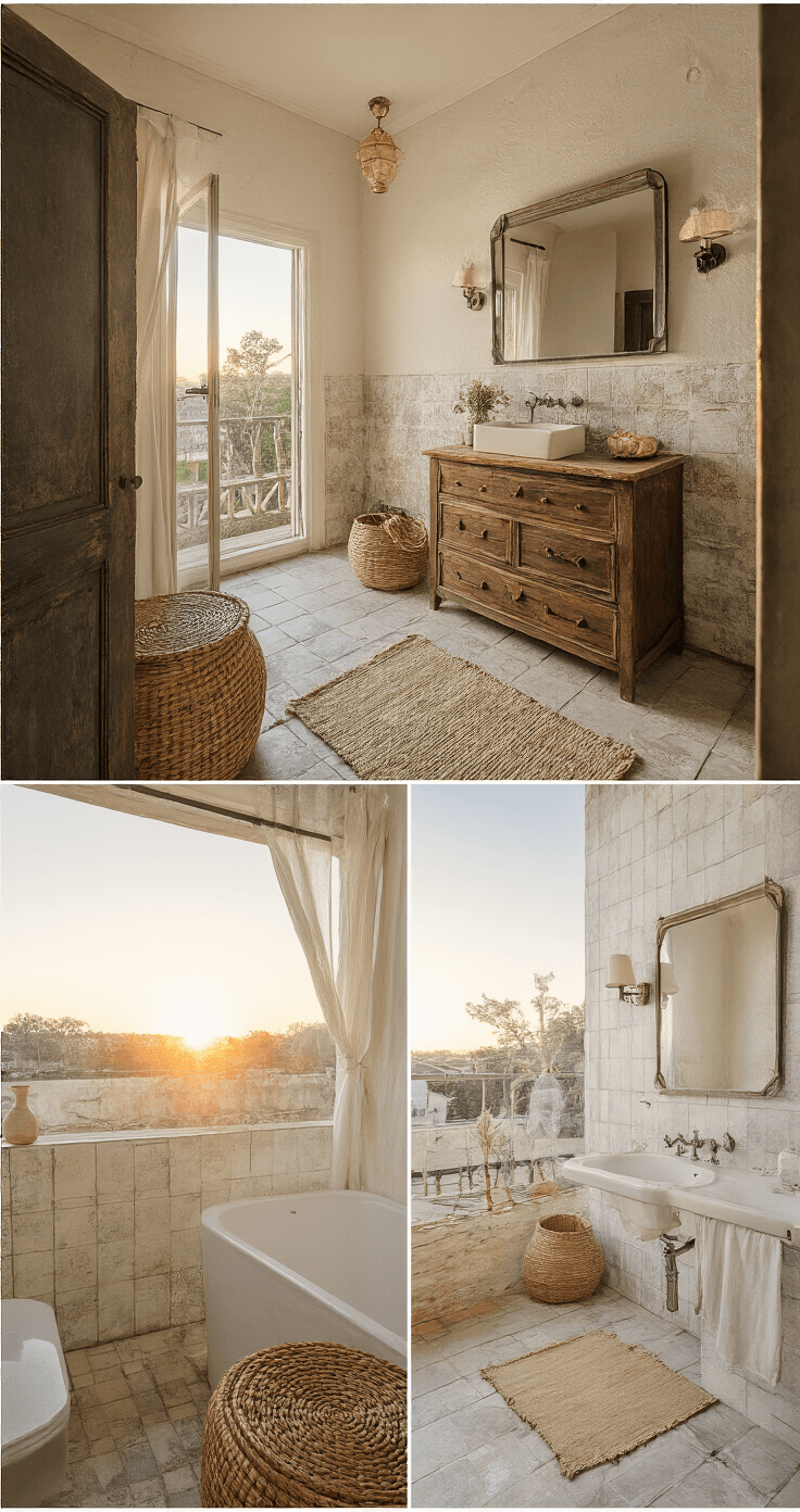 Een overzicht van een badkamer van 3x3 meter tijdens zonsondergang, met een combinatie van vintage en moderne elementen, waaronder een ladekast, wastafel, grote wandspiegel, rotan manden, linnen gordijnen en keramische vazen, gefotografeerd vanuit de deuropening in een cinematic ratio van 2.35:1.