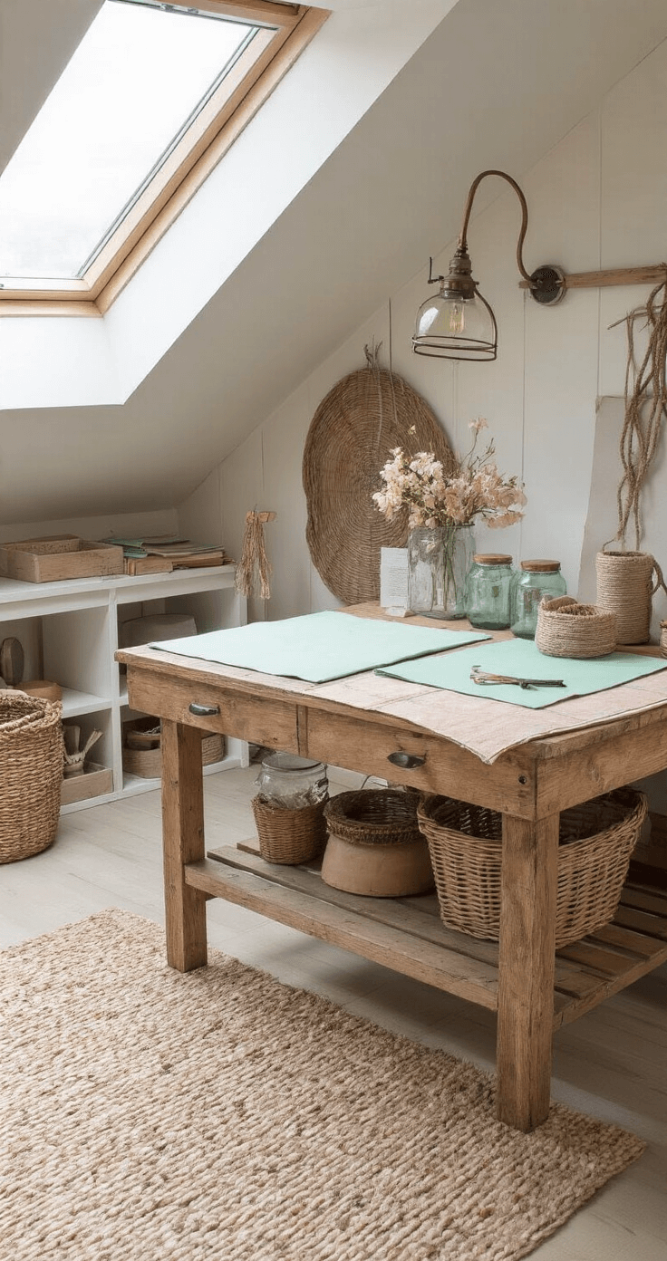 Gezellige DIY-werkhoek in ruime zolderkamer met dakraam, vintage houten werktafel vol kleurrijke viltvellen en glanzende accessoires, verlicht door warm ochtendlicht.