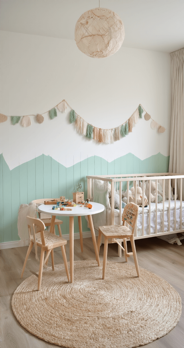 Moderne kinderkamer met witte muren en mint-accent wand, ingericht met een houten kindertafel, knutselspullen en een vintage speelgoedkist. Een viltguirlande hangt aan de wand en pastelgekleurde vilten strikjes bewegen in de zachte bries, verlicht door natuurlijk licht dat door de vitrage valt.