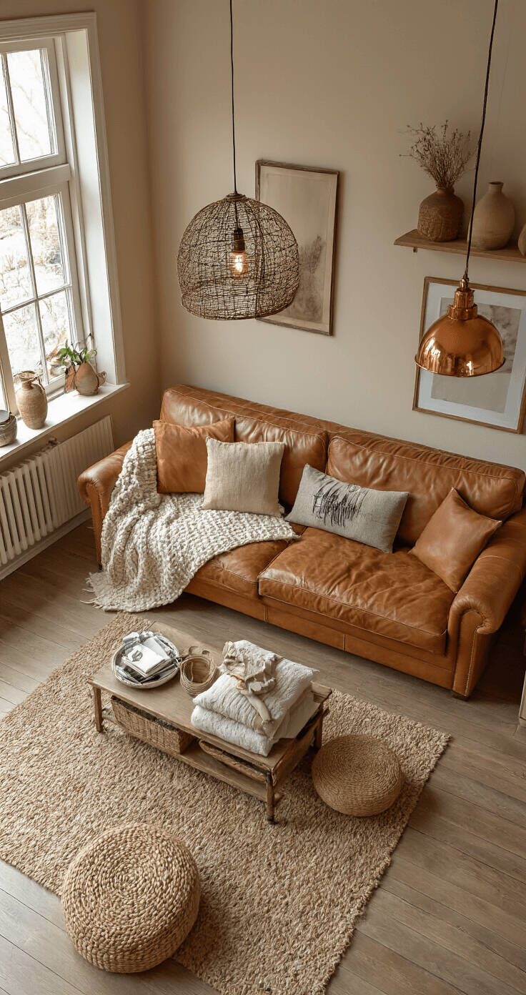 Een knusse woonkamer bij schemering, met crèmekleurige muren en een cognac leren bank vol viltprojecten. Een koperen vloerlamp werpt warm licht op de materialen. Op de vintage ladekast liggen fournituren en keramische vazen, omringd door natuurlijke elementen. Bird's eye view van de sfeervolle werktafel met een dramatische avondsfeer.