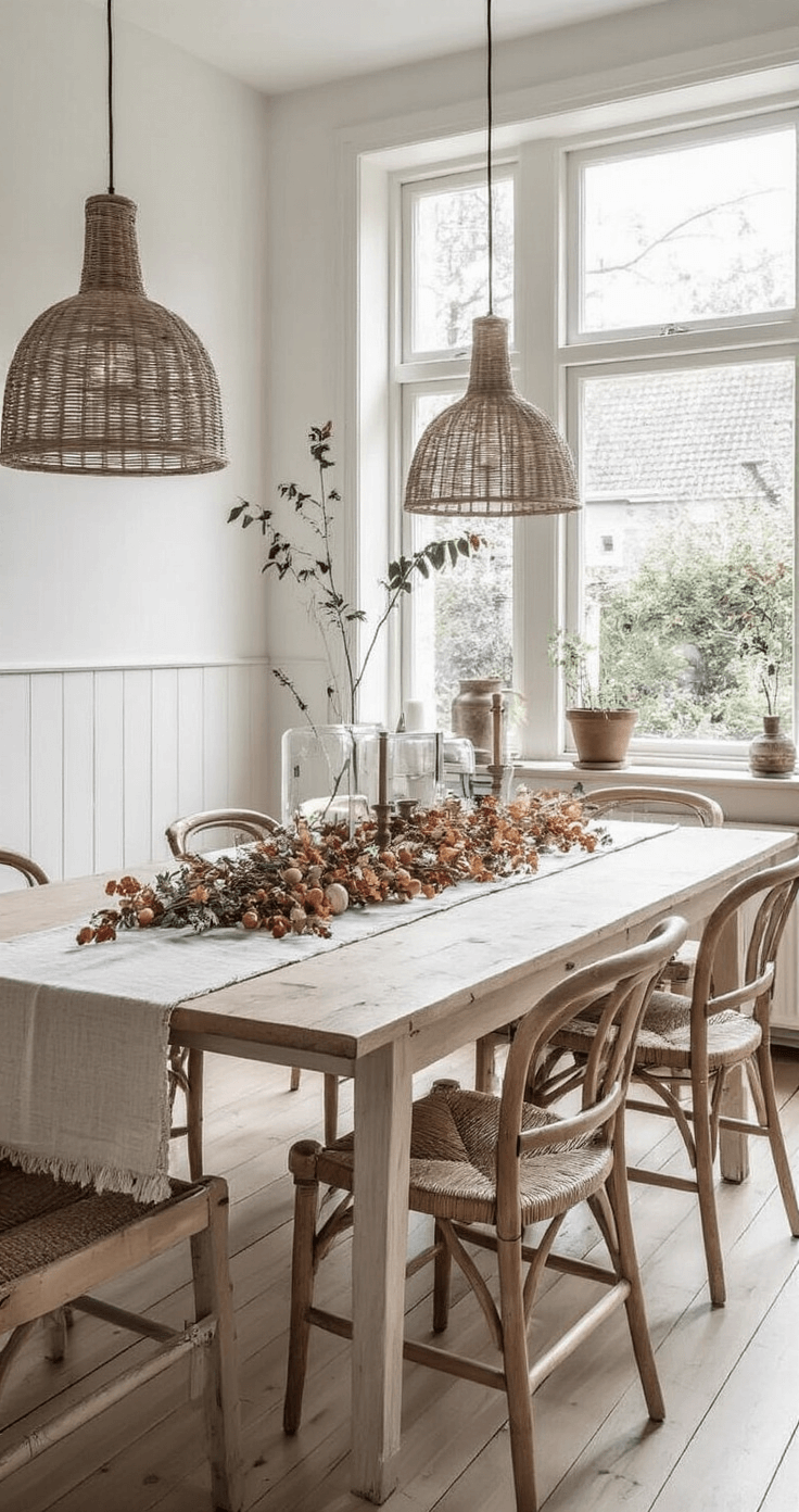 Lichte eetkamer in Scandinavische stijl met lange eettafel, viltguirlandes in herfsttinten, rieten hanglamp en urban jungle elementen, allemaal verlicht door natuurlijk daglicht.
