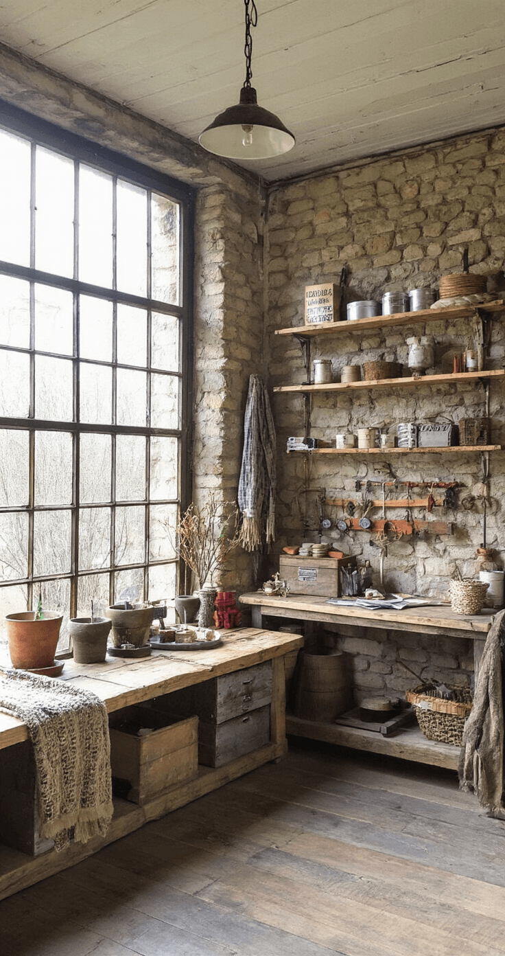 Rustieke hobbykamer met verweerde houten werkbank tegen een steenstrip muur, industriële metalen stellingkasten vol knutselmaterialen, viltguirlandes in winterse kleuren die drogen, en een vintage kruk, vastgelegd vanuit een laag perspectief met dramatisch zijlicht door een industrieel raam tijdens de ochtendschemering.