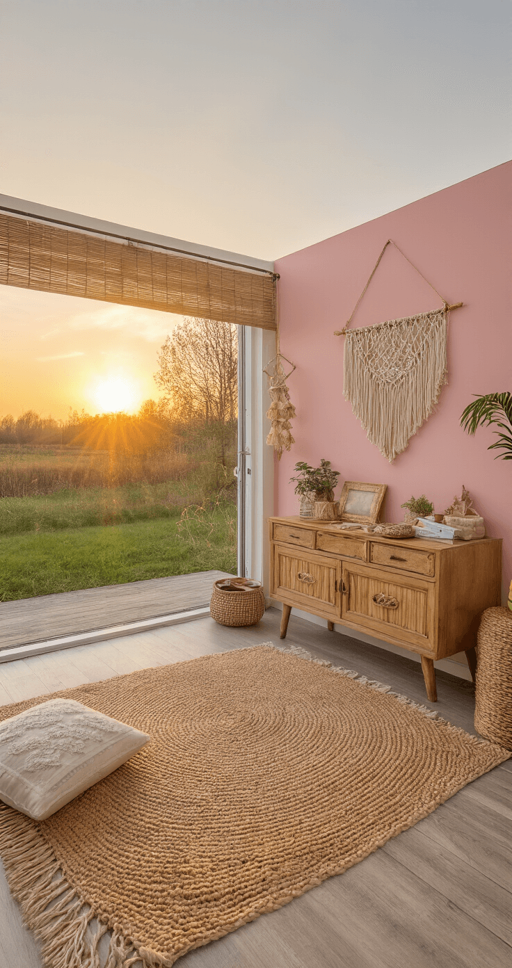 Bohemian thuisstudio met roze accent muur, vintage dressoir vol knutselspullen, vilten creaties op sisal tapijt en gouden zonlicht door bamboe rolgordijn tijdens zonsondergang.