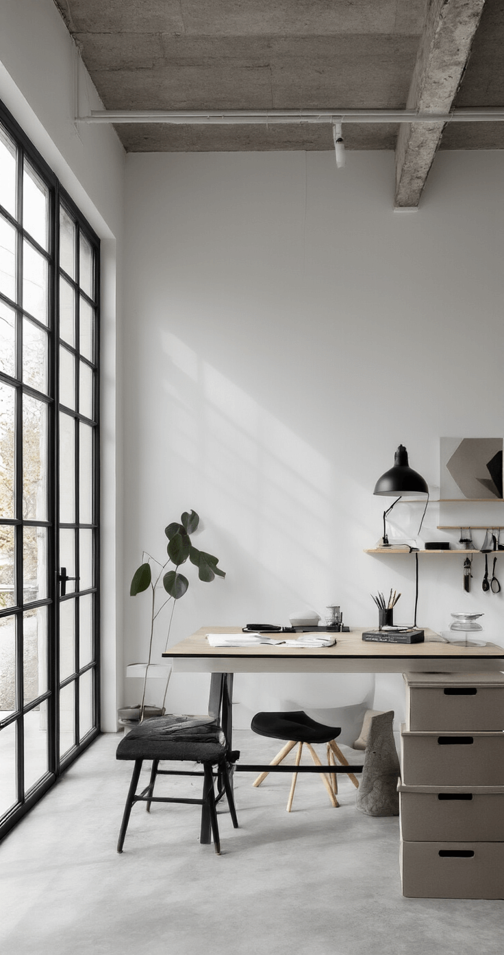 Minimalistische werkplek van 3x3m met witte muren en betonlook vloer, zwart stalen raamkozijnen, moderne werktafel en georganiseerd crafting station, versierd met monochrome viltguirlandes en geometrische wanddecoratie, gefotografeerd in diffuus daglicht.