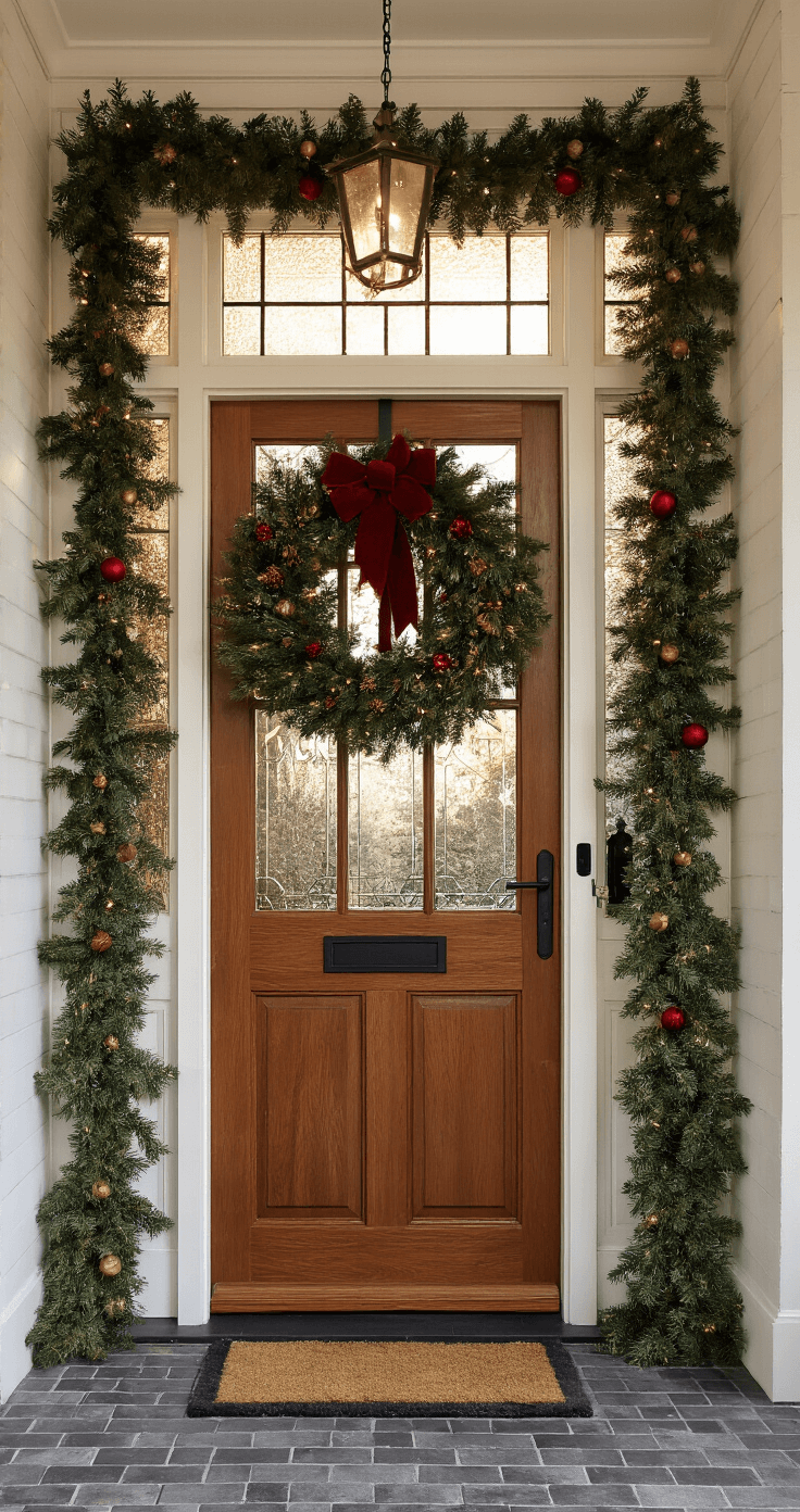 Moderne entreehal met hoge plafonds en klassieke kerstsfeer; massieve eikenhouten voordeur, grote kerstkrans met dennentakken en bordeauxrode linten, glas-in-lood bovenlicht laat warme zon binnen, verlichte ruimte met messing wandlampen.