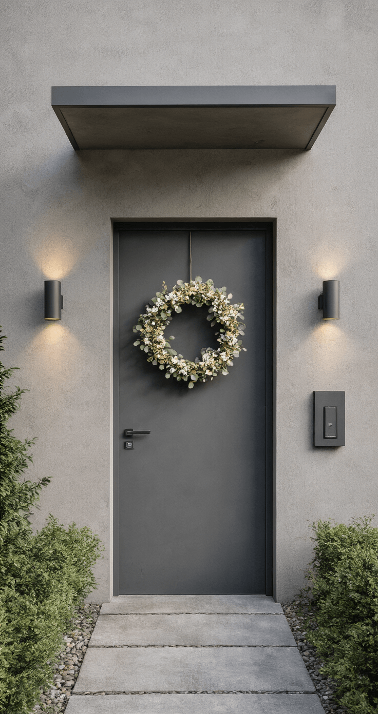 Minimalistische urban entree met een antracietgrijze stalen deur en geometrische krans van eucalyptus en gedroogde bloemen, verlicht door zacht ochtendlicht dat door matglas zijpanelen filtert.