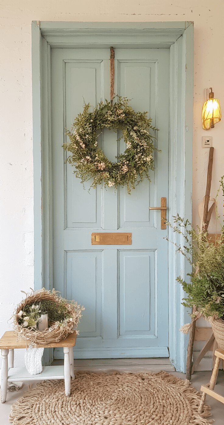 Rustiek voorportaal met handgemaakte krans van mos en wilde bloemen aan een vintage lichtblauwe deur. Witte muren, gouden avondzon straalt door een klein raam, met warm natuurlijk licht en subtiele kunstverlichting.