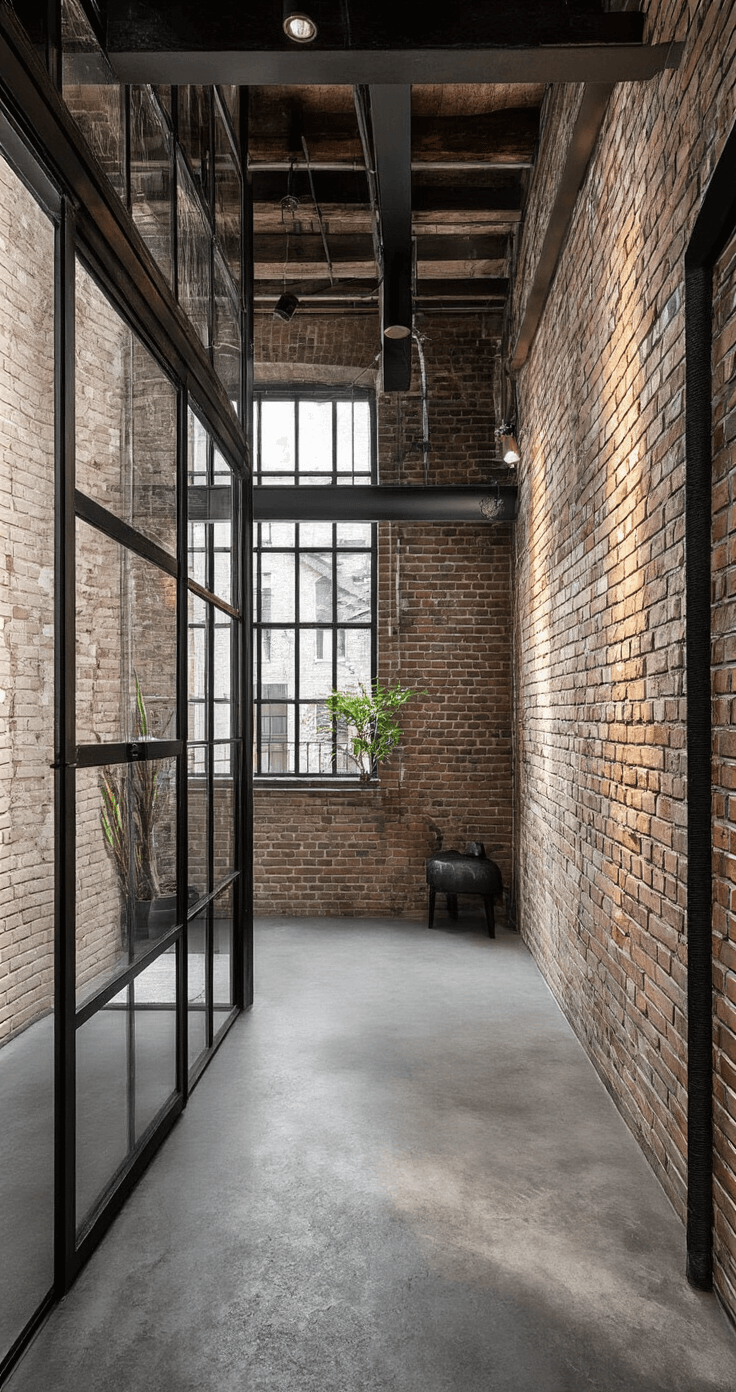 Industriële loft entree met een zwarte stalen schuifdeur en een moderne krans, verlicht door middaglicht dat door grote ramen valt; bakstenen muur en contrastrijke verlichting creëren een urban chic sfeer.