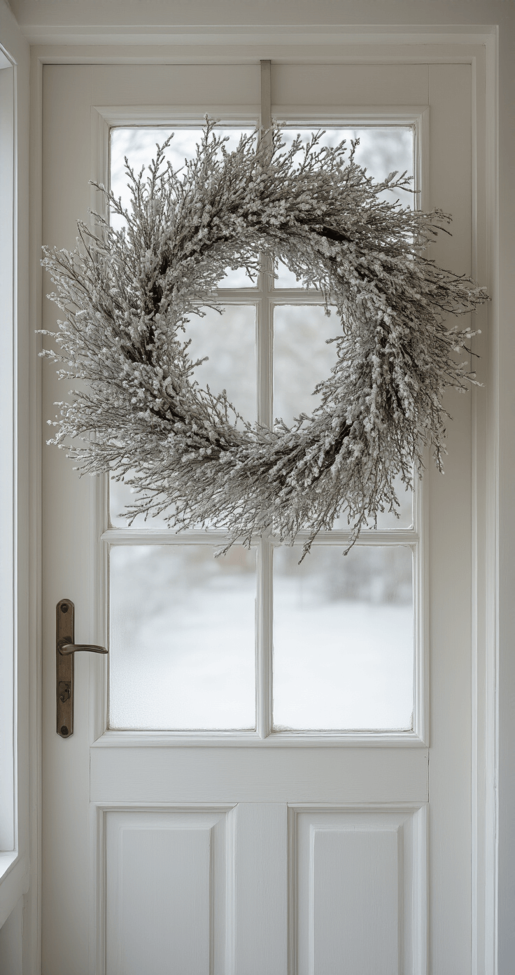 Close-up van een Scandinavische hal met lichte houten lambrisering en een witte paneeldeur, versierd met een natuurlijke wintersereen krans van takken en ijskristallen. Ochtendnevel filtert door melkglas, met een diffuse koele belichting.
