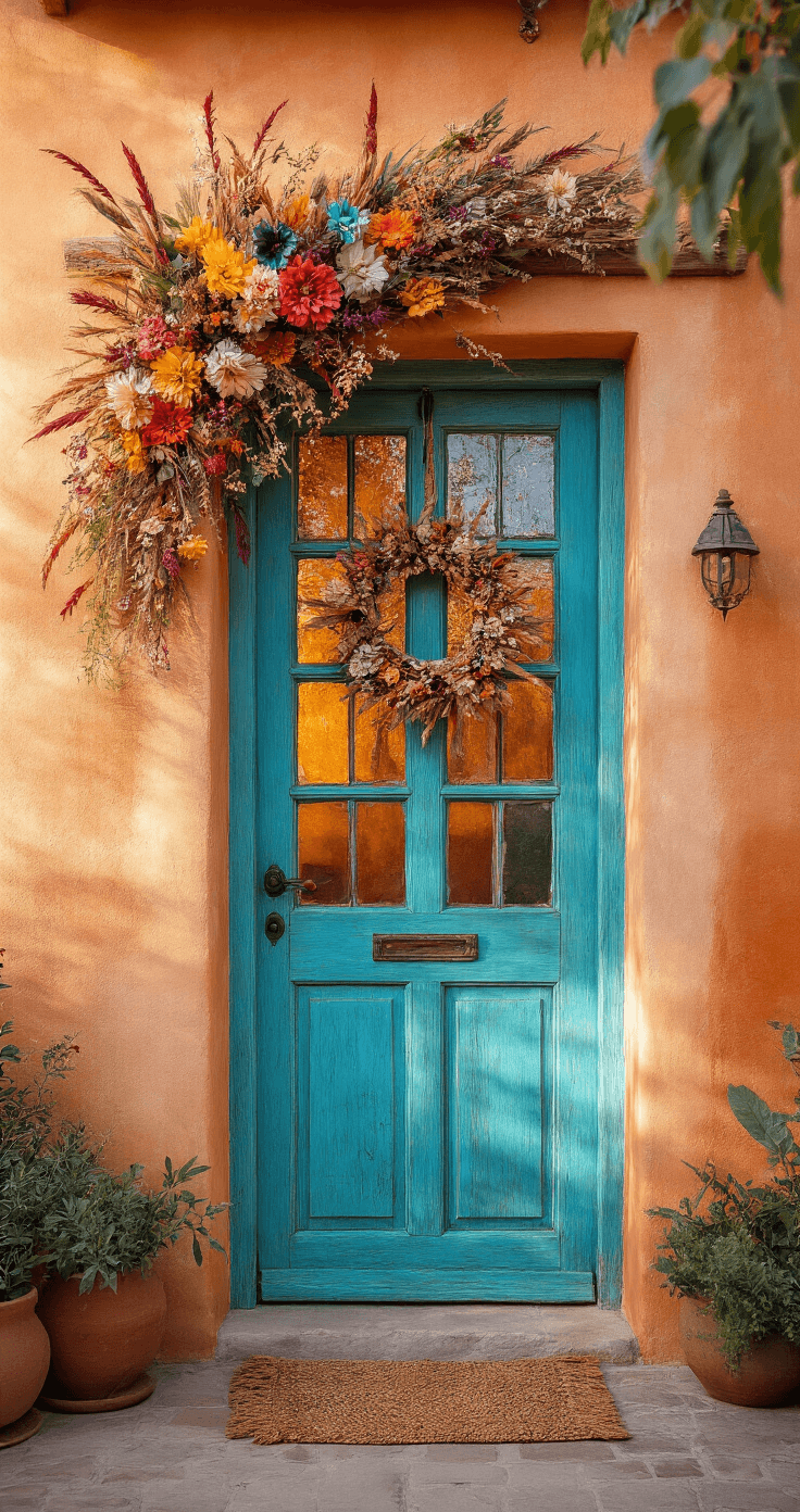 Bohemian entree met terracotta muren, turquoise vintage deur en eclectische krans van gedroogde bloemen, verlicht door de late middagzon door gekleurde glasramen.