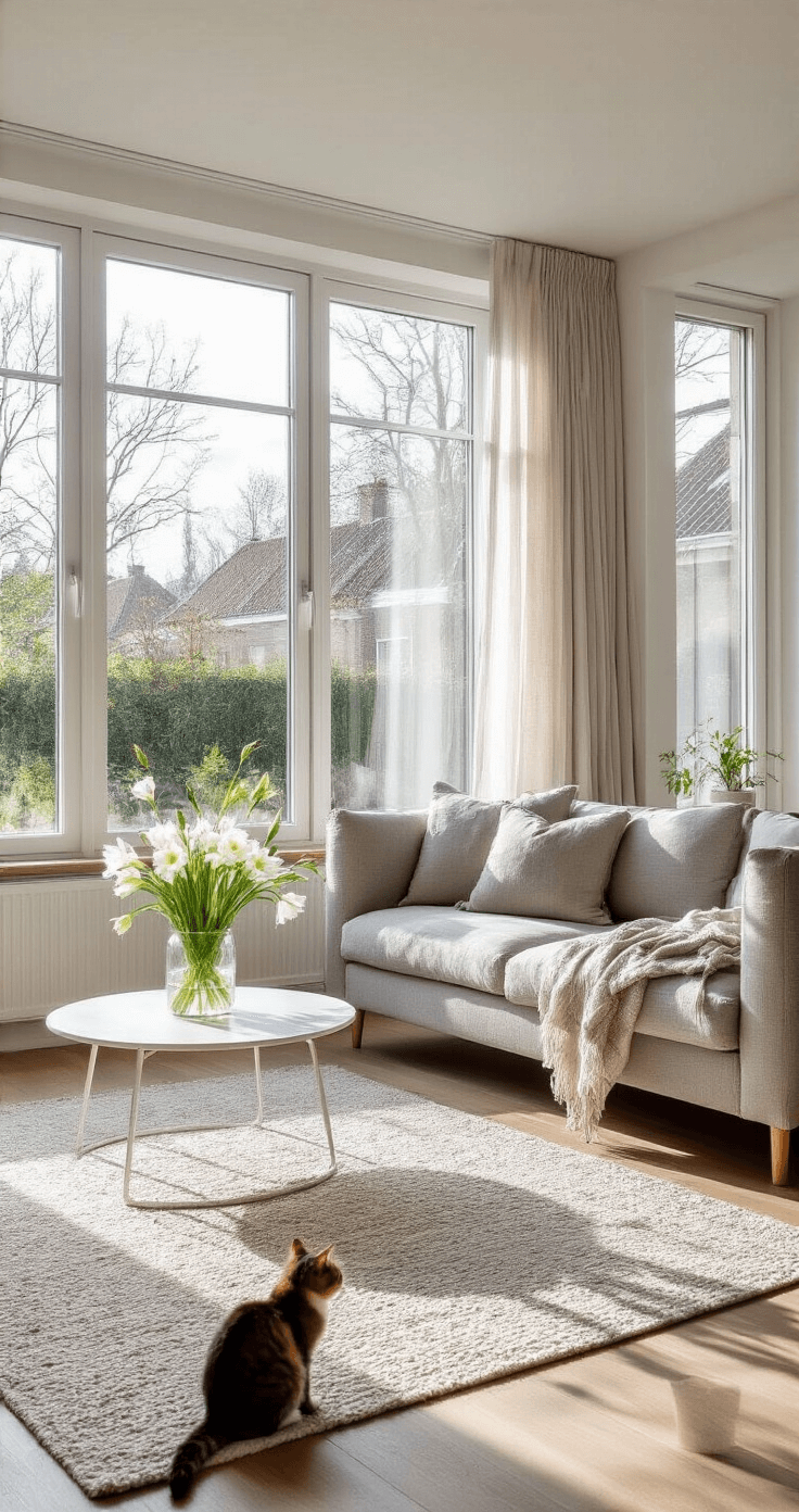 Een lichte, moderne woonkamer met grote raampartijen, gevuld met ochtendzon, een collectie graslelies op een wit zwevend wandmeubel, een grijze hoekbank van linnen, omringd door natuurlijke materialen en een spelende kat in de voorgrond.