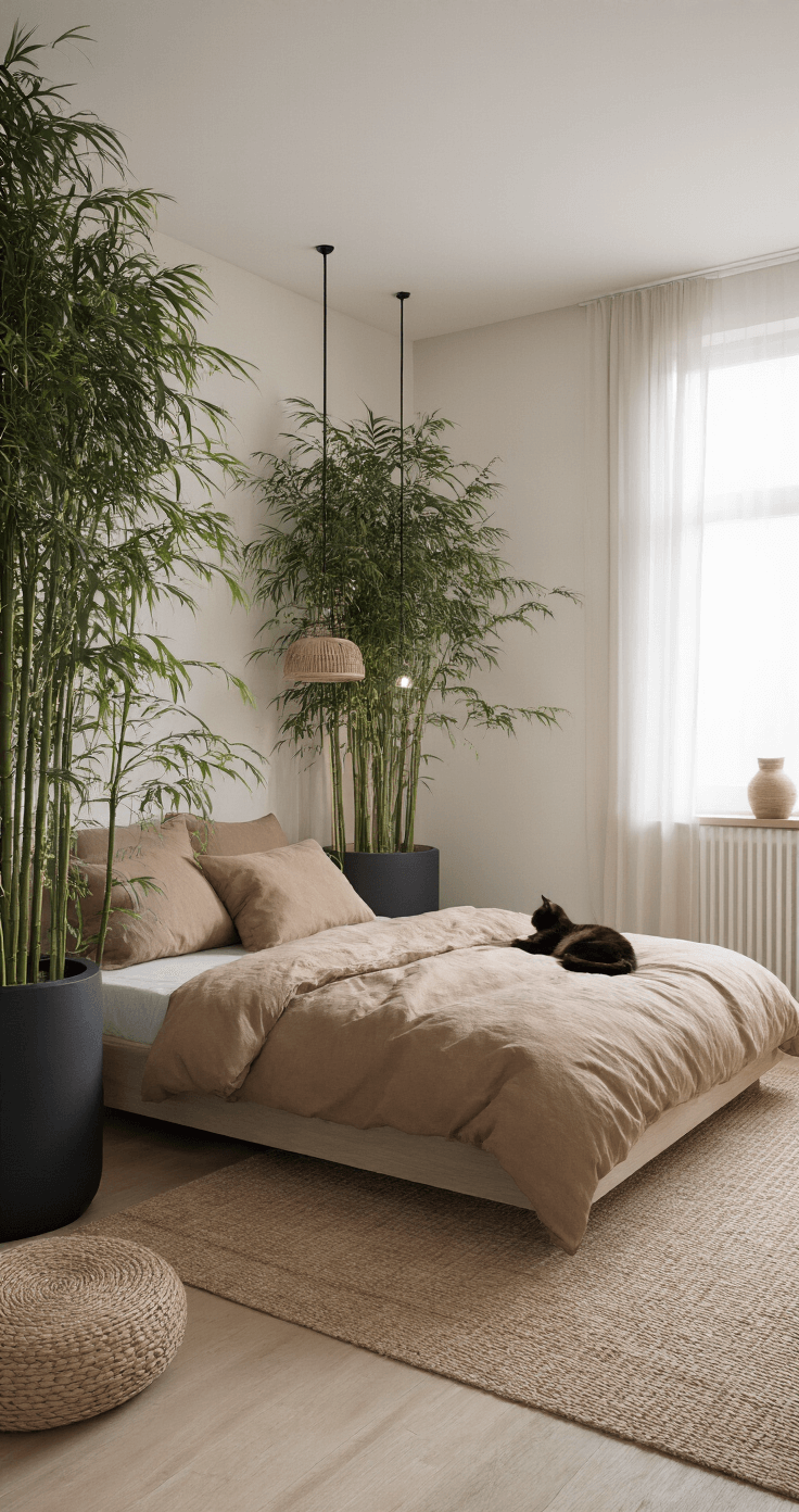 Minimalistische slaapkamer met bamboepalmen in zwart, avondlicht door sheer gordijnen, king-size bed met aardetinten beddengoed, zwevende nachtkastjes en een kat op de vensterbank.