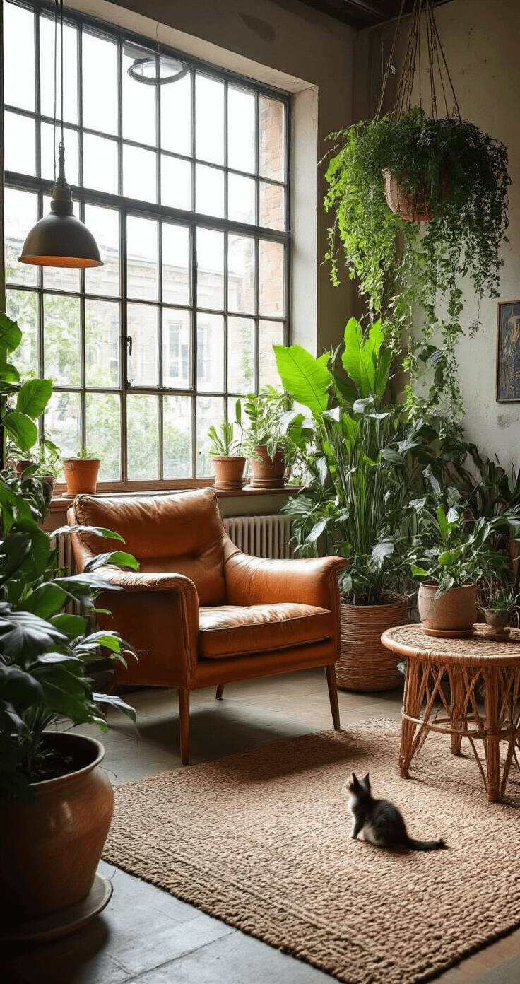 Urban jungle woonkamer met pannenkoekenplant in koperen pot, vintage leren fauteuil, rotan bijzettafel, en handgeweven tapijt, terwijl een speelse kitten interactie heeft met hangende plantenbladeren onder indirect natuurlijk licht.