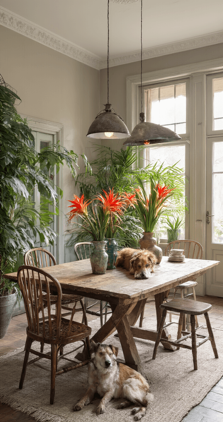 Zonnige eetkamer met kleurrijke bromelia's op een oude houten tafel, industriële hanglampen, vintage eetkamerstoelen en een rustende hond bij Franse deuren.