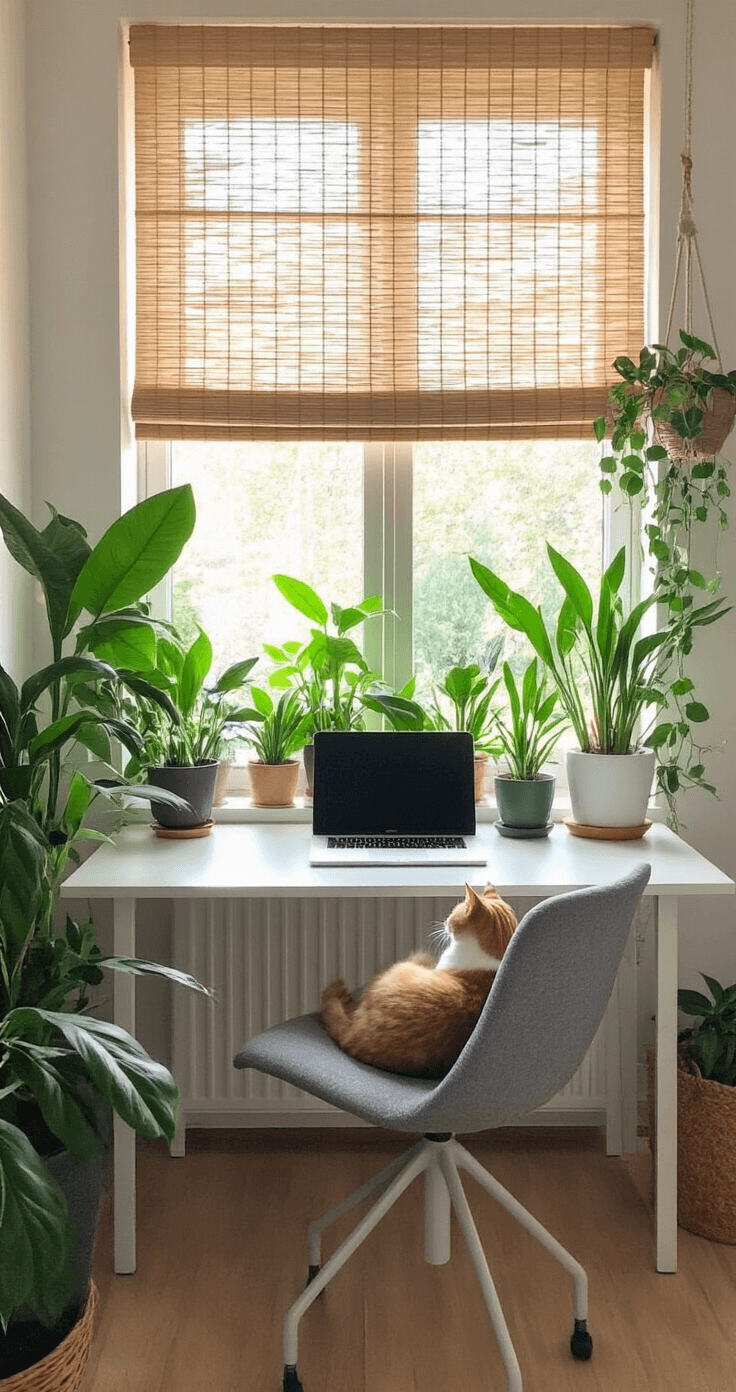 Zen thuiskantoor met maranta's op een wit metalen plantenrek, gefilterd licht door bamboe rolgordijnen, een minimalistisch bureau, een grijze ergonomische stoel en een relaxte kat op de vensterbank tussen de planten.