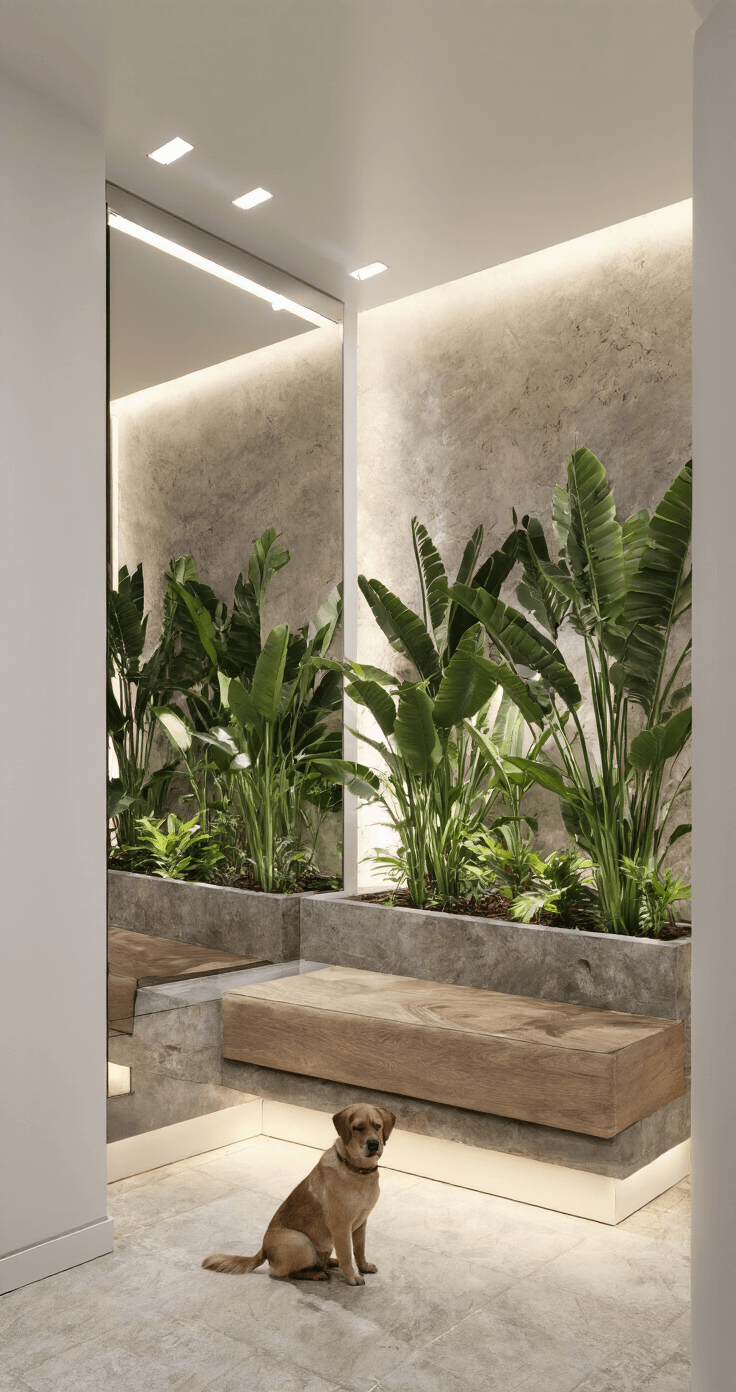 Moderne hal met een verhoogde plantenbak van natuursteen en een statement olifantspoot, verlicht door uplights. Een zwevend wandmeubel van essenhout met een grote wandspiegel waarin een nieuwsgierige hond reflecteert. Lage camerastandpunt met dramatische verlichting. Luxe, natuurlijke materialen.