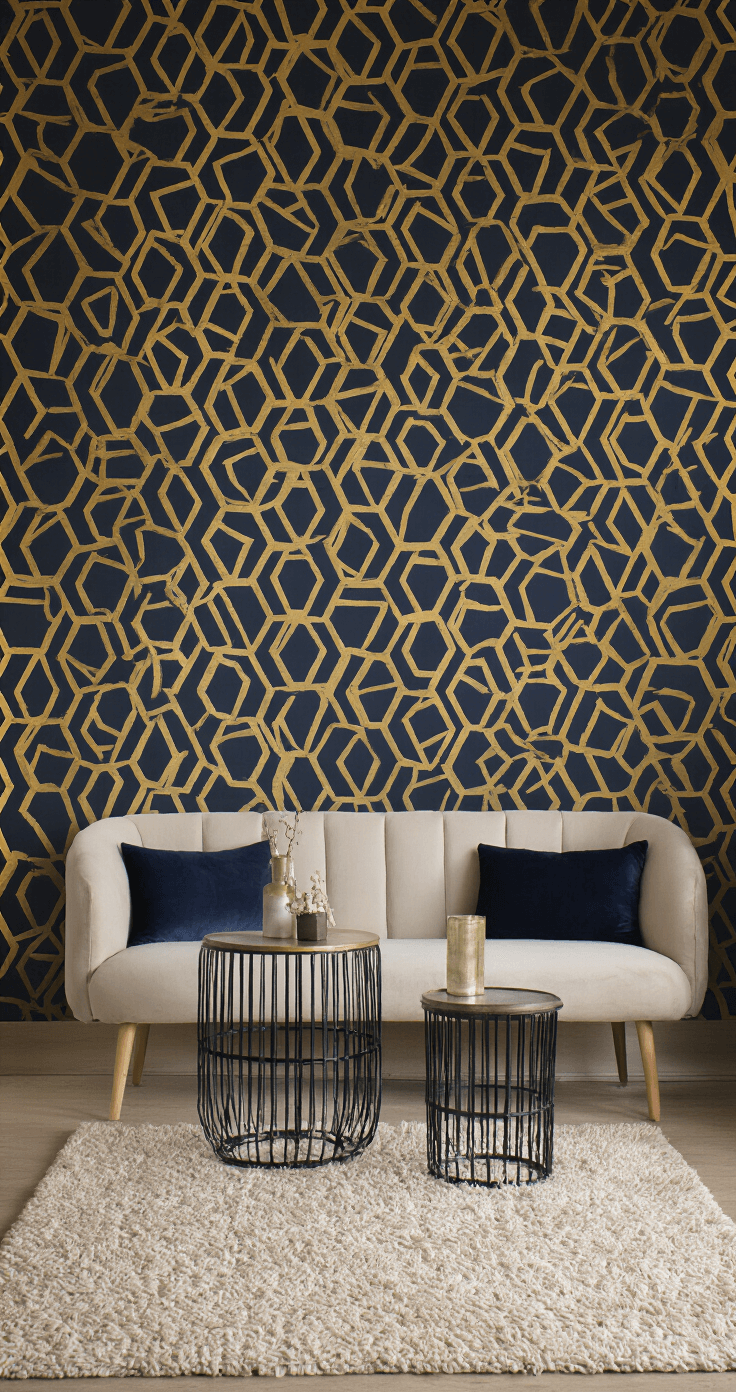 Intieme zithoek met navy en goud geometrisch behang, spotverlichting die schaduwen werpt op het reliëf, minimalistisch meubilair in roomwit, zwarte metalen bijzettafels en een crème vloerkleed, vastgelegd vanuit ooghoogte met focus op textuurcontrasten in een sfeervolle avondsetting.