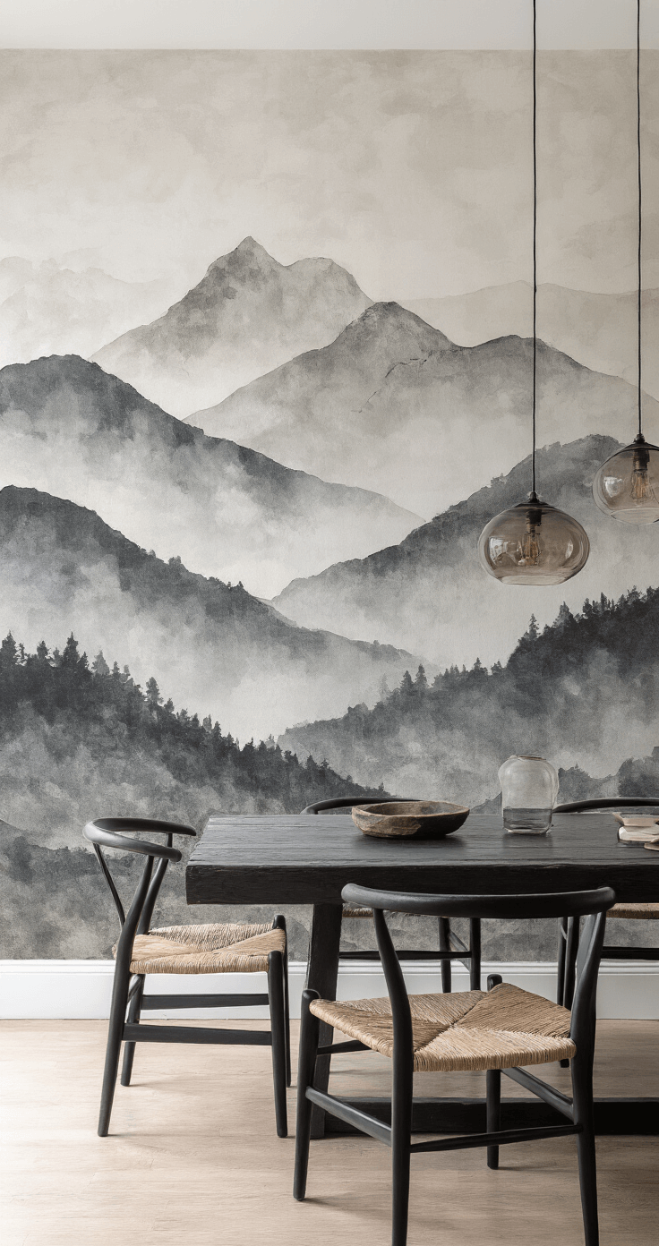 Moderne eetkamer met panoramisch behang van abstracte berglandschappen in grijstinten, ochtendlicht dat schuin binnenvalt, zwarte eiken eettafel met natuurlijk linnen stoelen, gerookte glazen hanglampen, vogelperspectief met nadruk op de interactie tussen natuurlijk en kunstlicht.